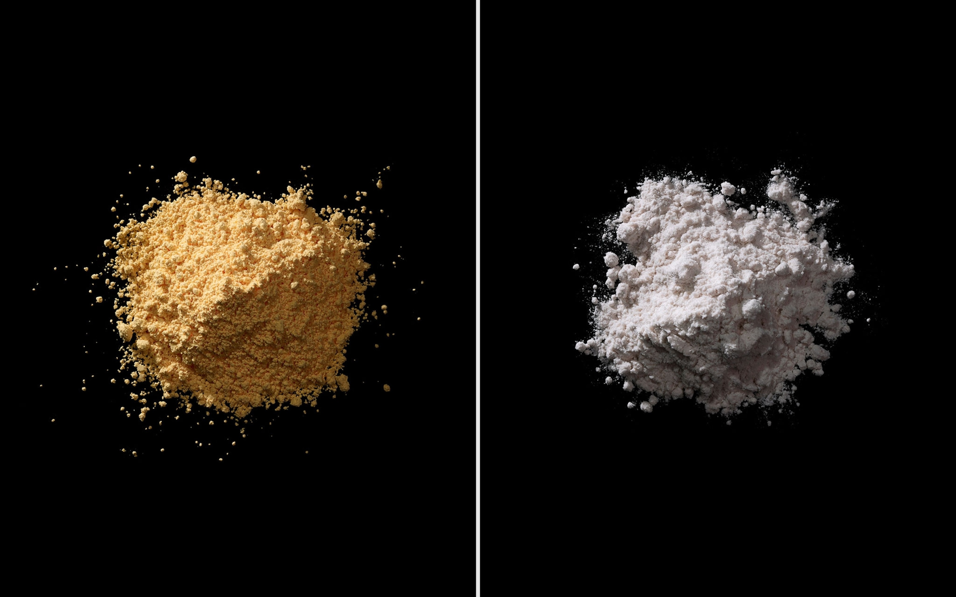 Two food additives, Azodicarbonamide, a tan powder, on the left, and Tertiary-butylhydroquinone, a white powder, on the right