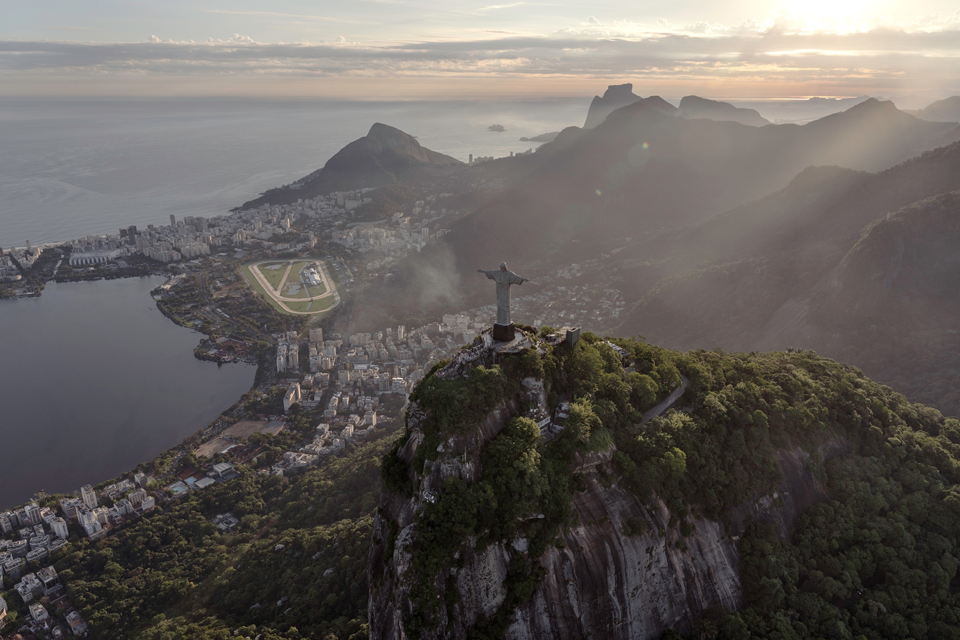 2023/11/30. Rio de Janeiro, Brazil. An aerial view of the Christ the Redeemer statue, Rio de Janeiro’s most iconic landmark, surrounded by the Tijuca Forest, one of the world's largest urban forests, covering 4 thousand hectares at the city's center.