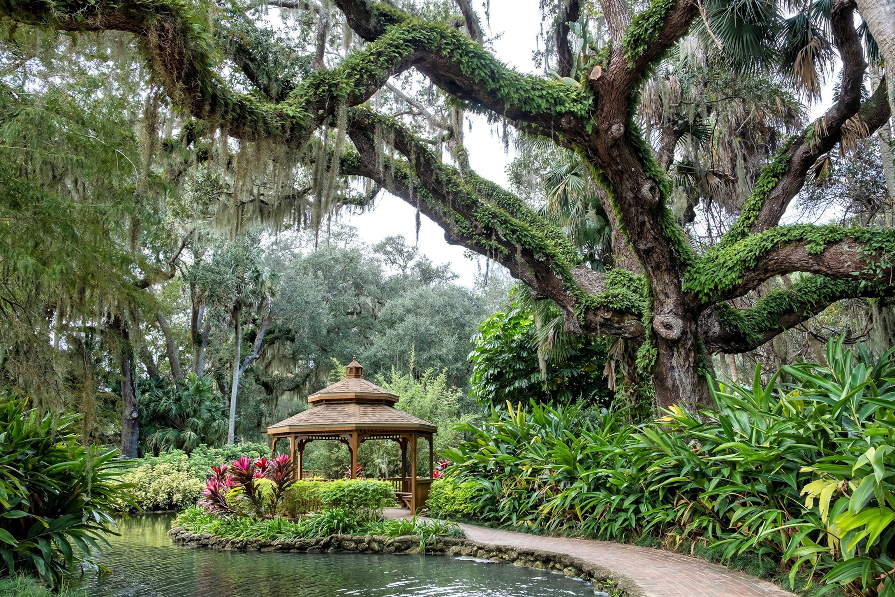 A curved path leads around a small pond to a small gazebo, a large moss-strewn oak tree overhanging