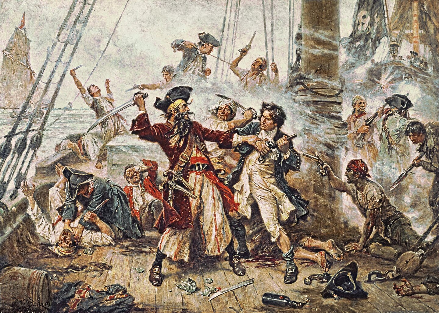 Painting of pirate with beard and sword fighting others on ship