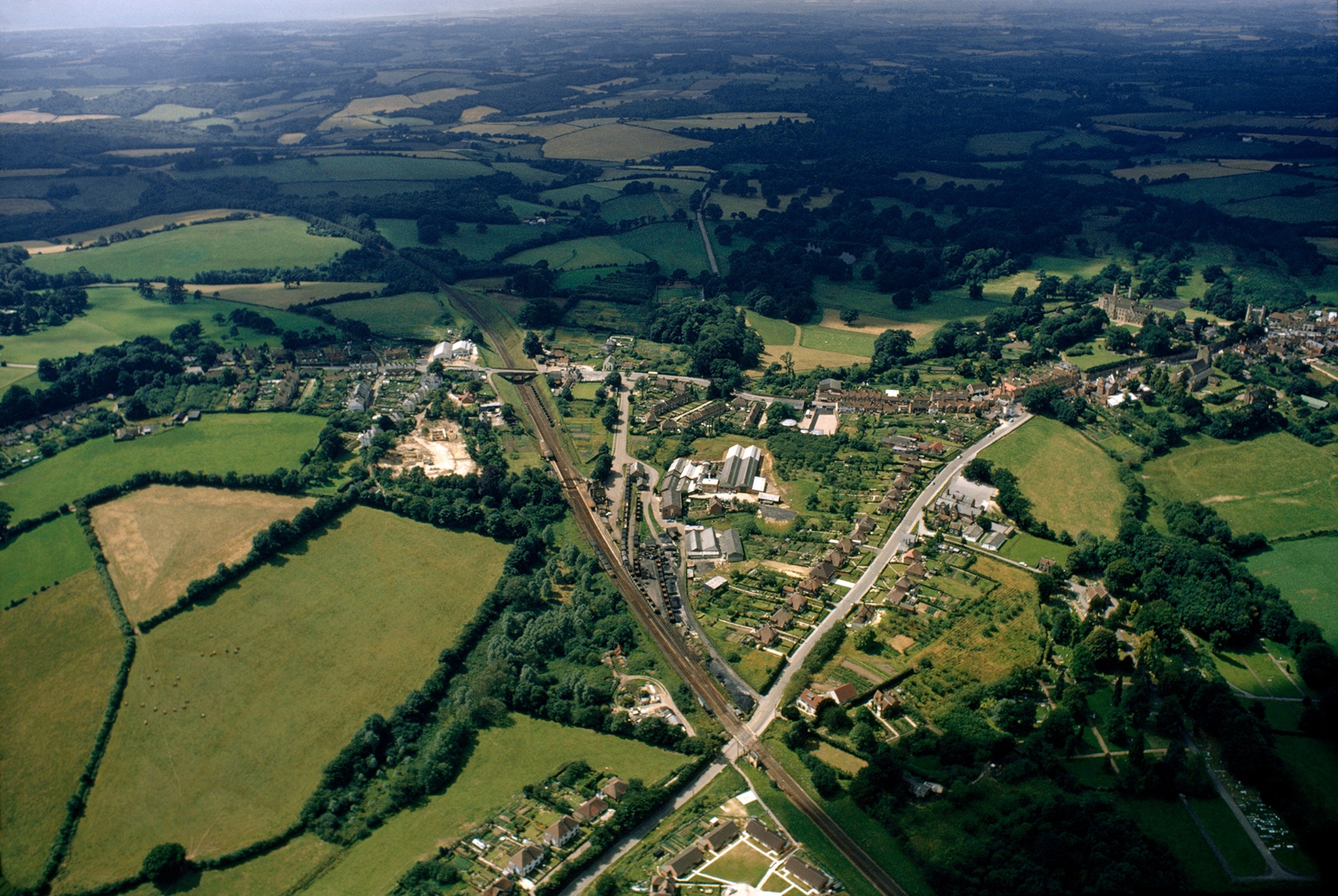 Aerial view of town of Battle, site of Battle of Hastings in 1066.