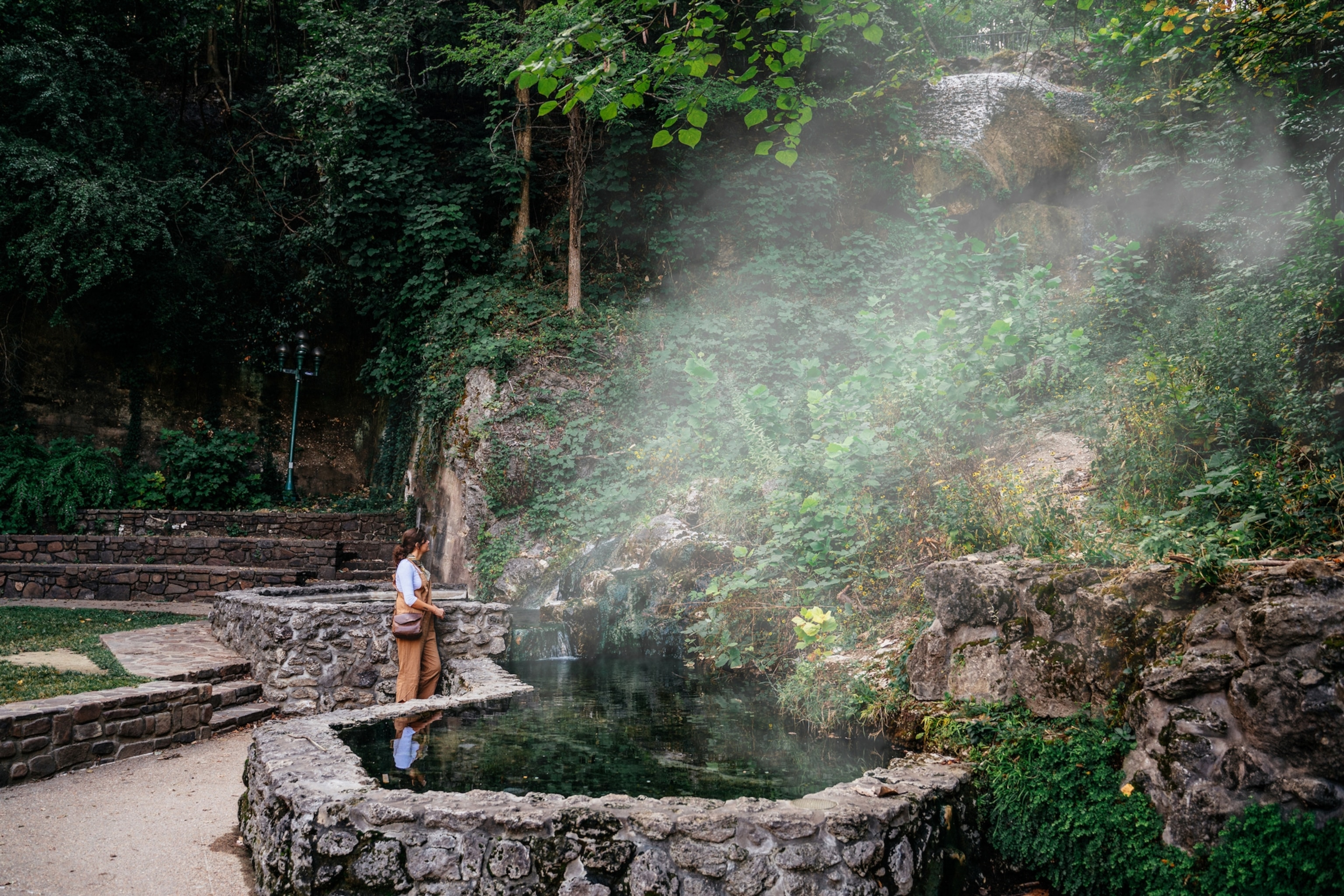 Hot Water Cascade, the largest visible spring in Arkansas's Hot Springs National Park.