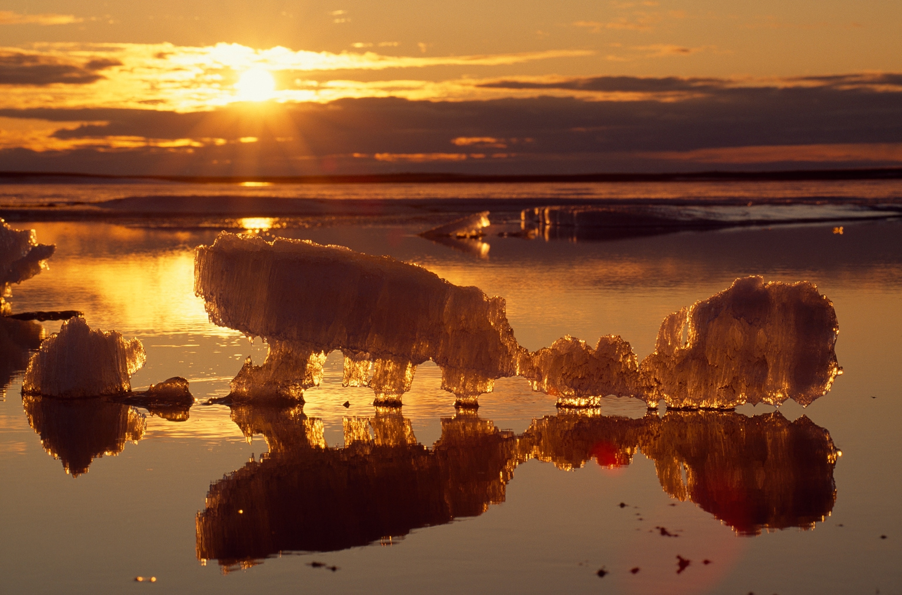 Melting lake ice seen with midnight sun
