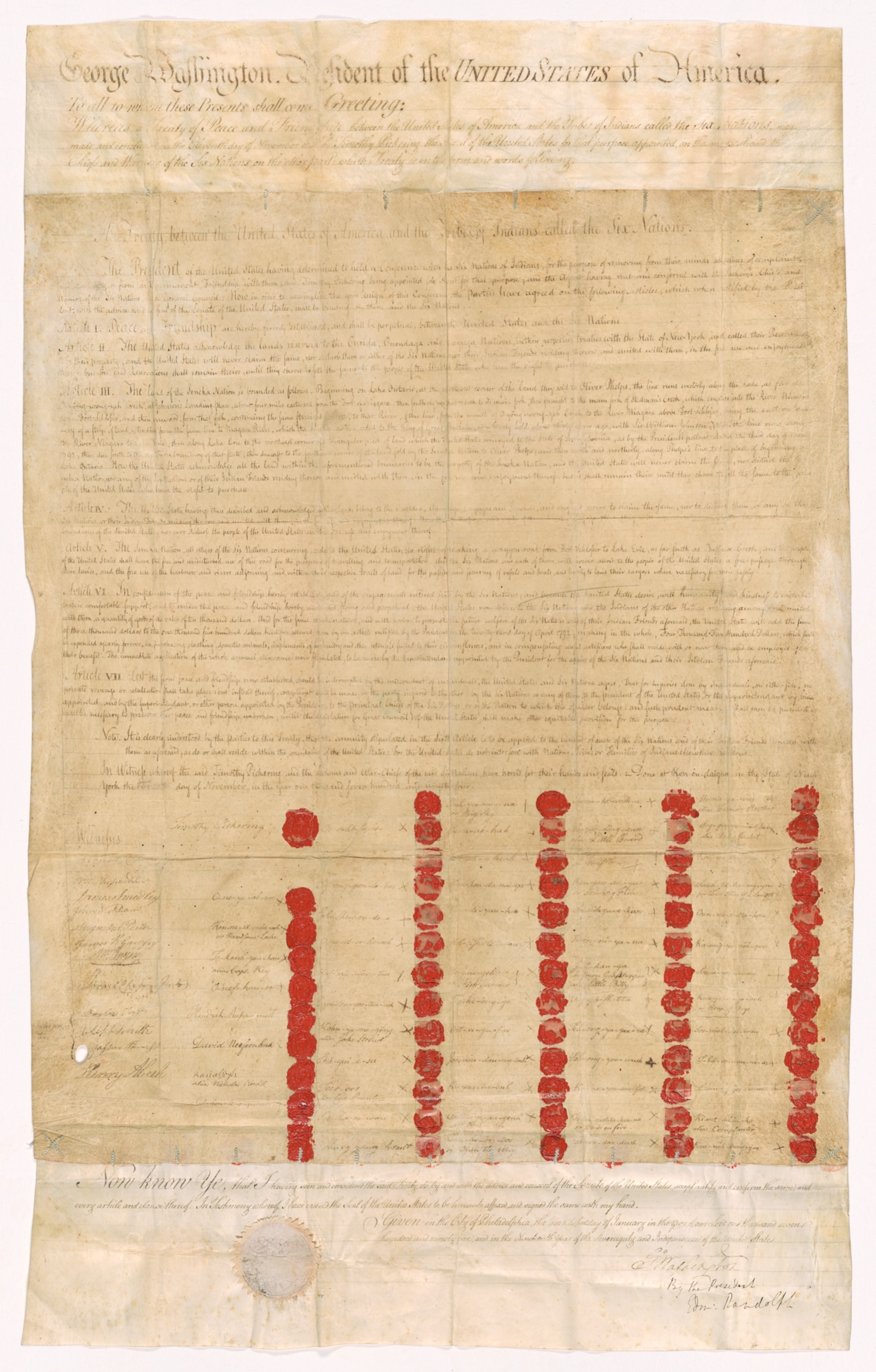 Treaty Between the United States and the Six Nations Signed at Konondaigua, New York, with the Instrument of Ratification Signed by President George Washington and Secretary of State Edmund Randolph on January 21, 1795