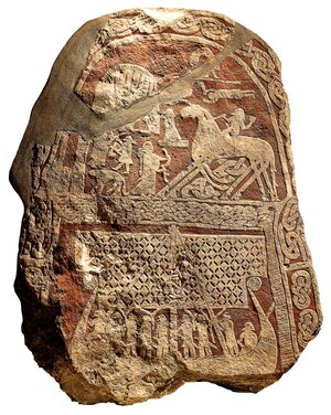 This 10th-century stela represents either a fallen warrior in the afterlife or the god Odin. It was found on Gotland, and is now at Swedish History Museum in Stockholm.