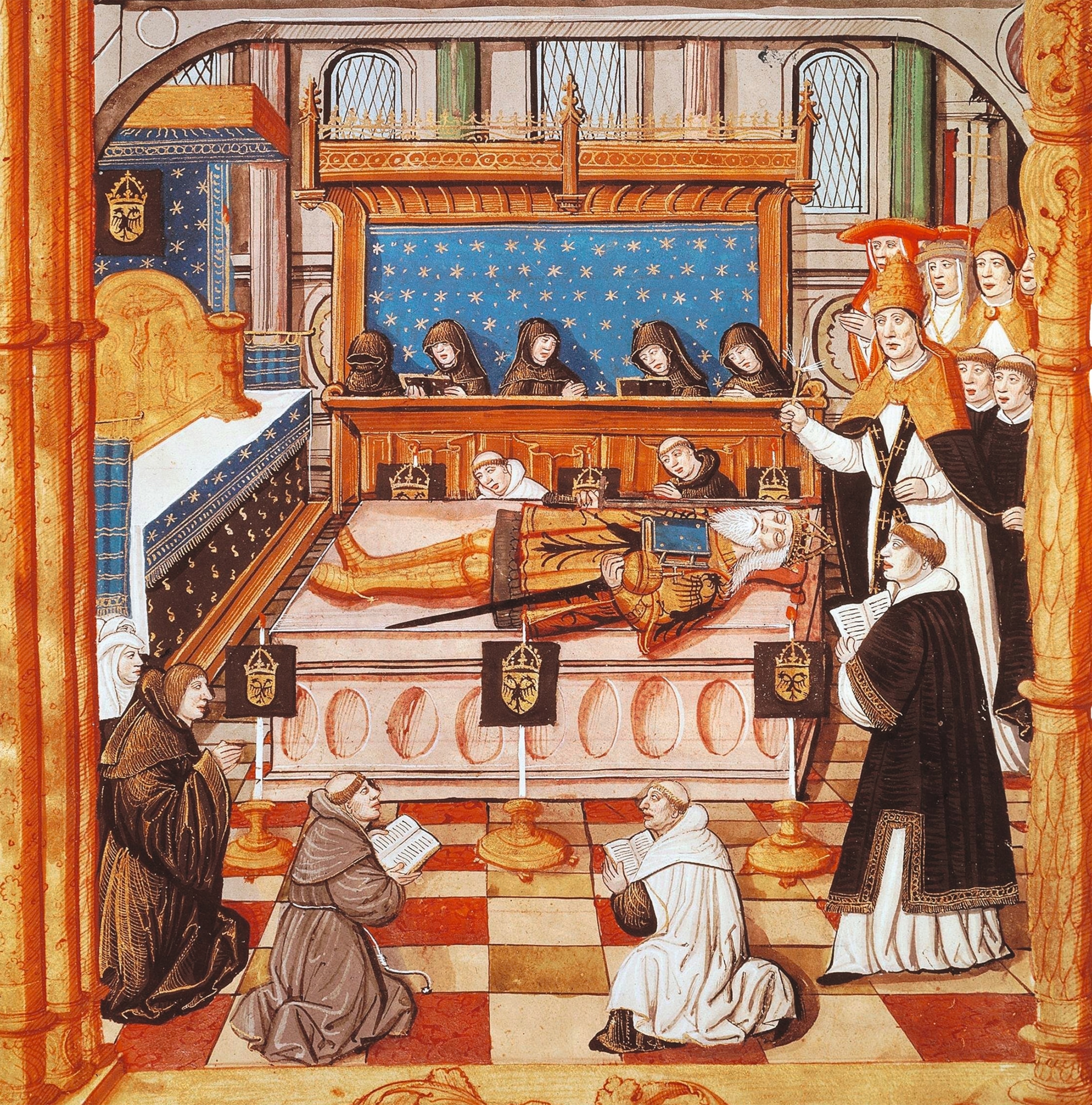 The death of Charlemagne is pictured in an anonymous 14th-century manuscript.