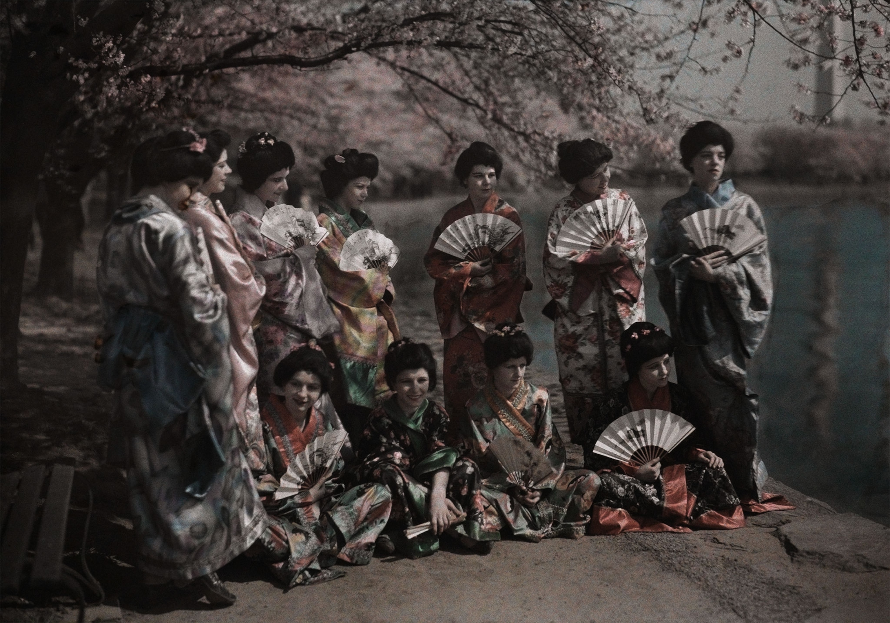 women in Japenese dress near the cherry blossoms in Washington, D.C.