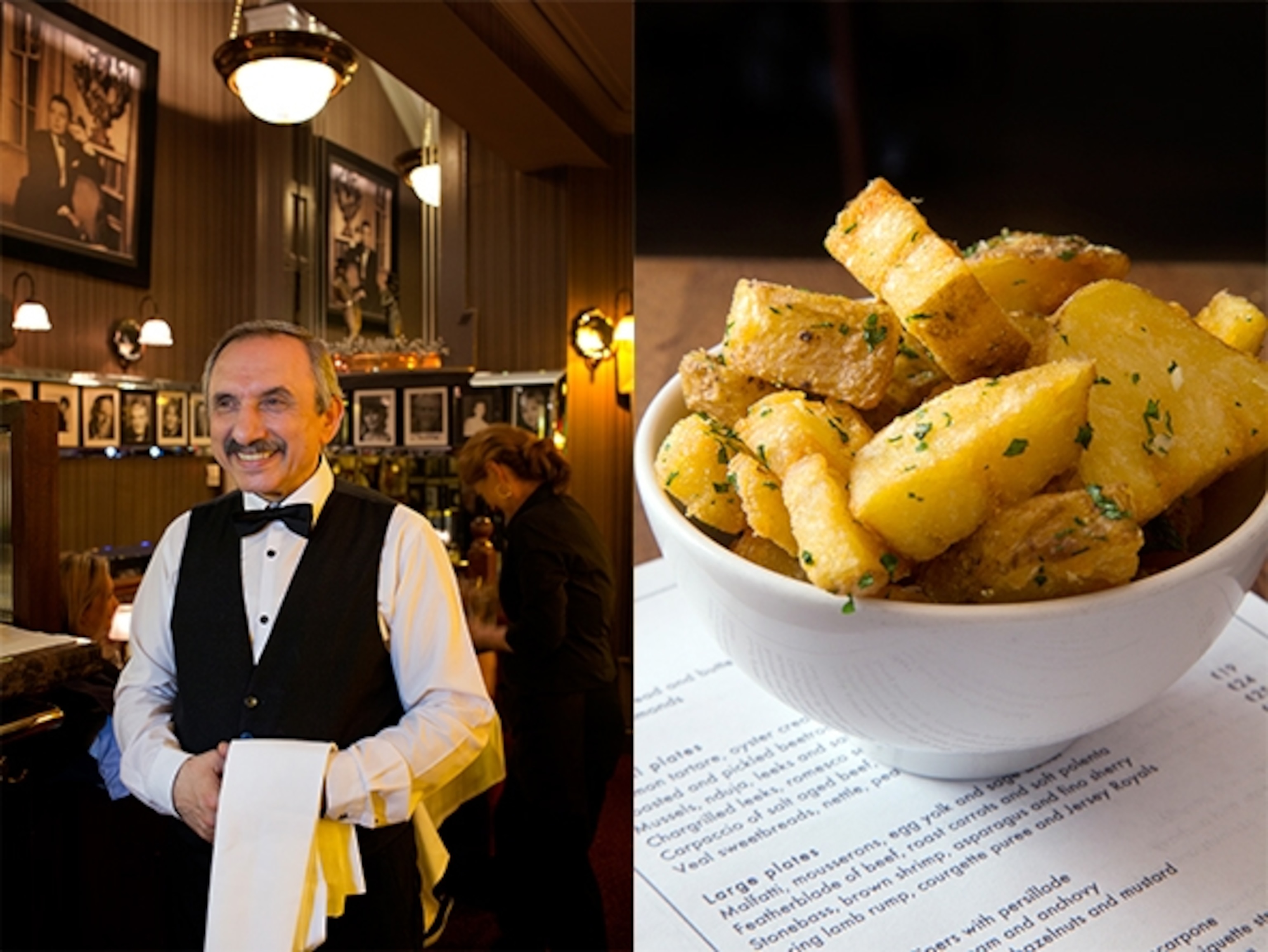 Left: Martin Nakechbandy has been a waiter for 27 years at cozy, theater-crowd favorite Trocadero. Right: Etto is a wine bar and restaurant known for its modern twist on classic Italian dishes. The Maris Piper potatoes are triple-cooked to ensure extra crispiness. (Photograph by Catherine Karnow)