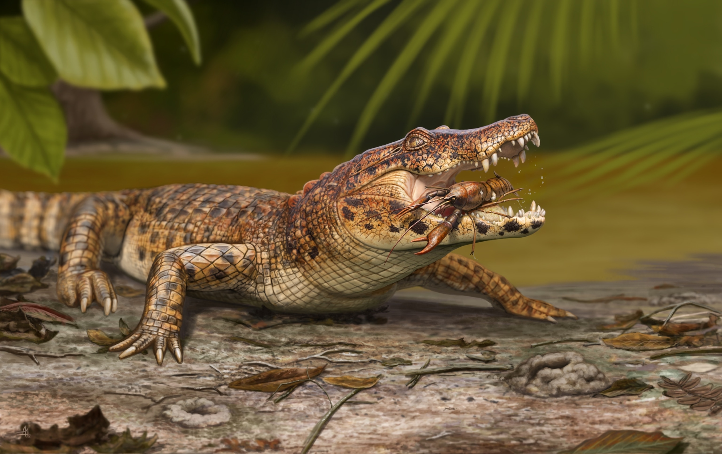 A crocodile-like prehistoric reptile holds a crayfish in its jaws while resting on the ground in a lush, swampy environment.