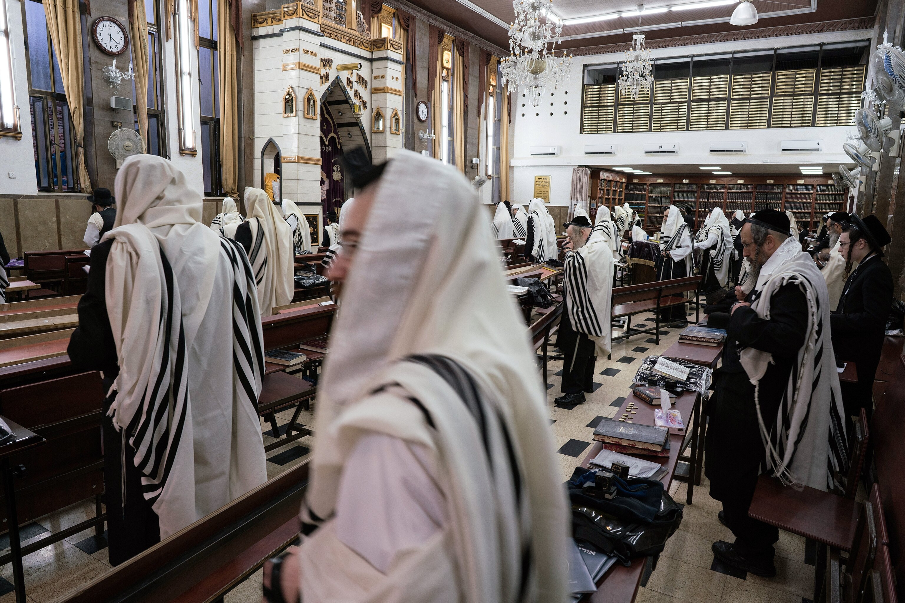 Ultra Orthodox Jewish men performing a dawn prayer in Jerusalem, Israel