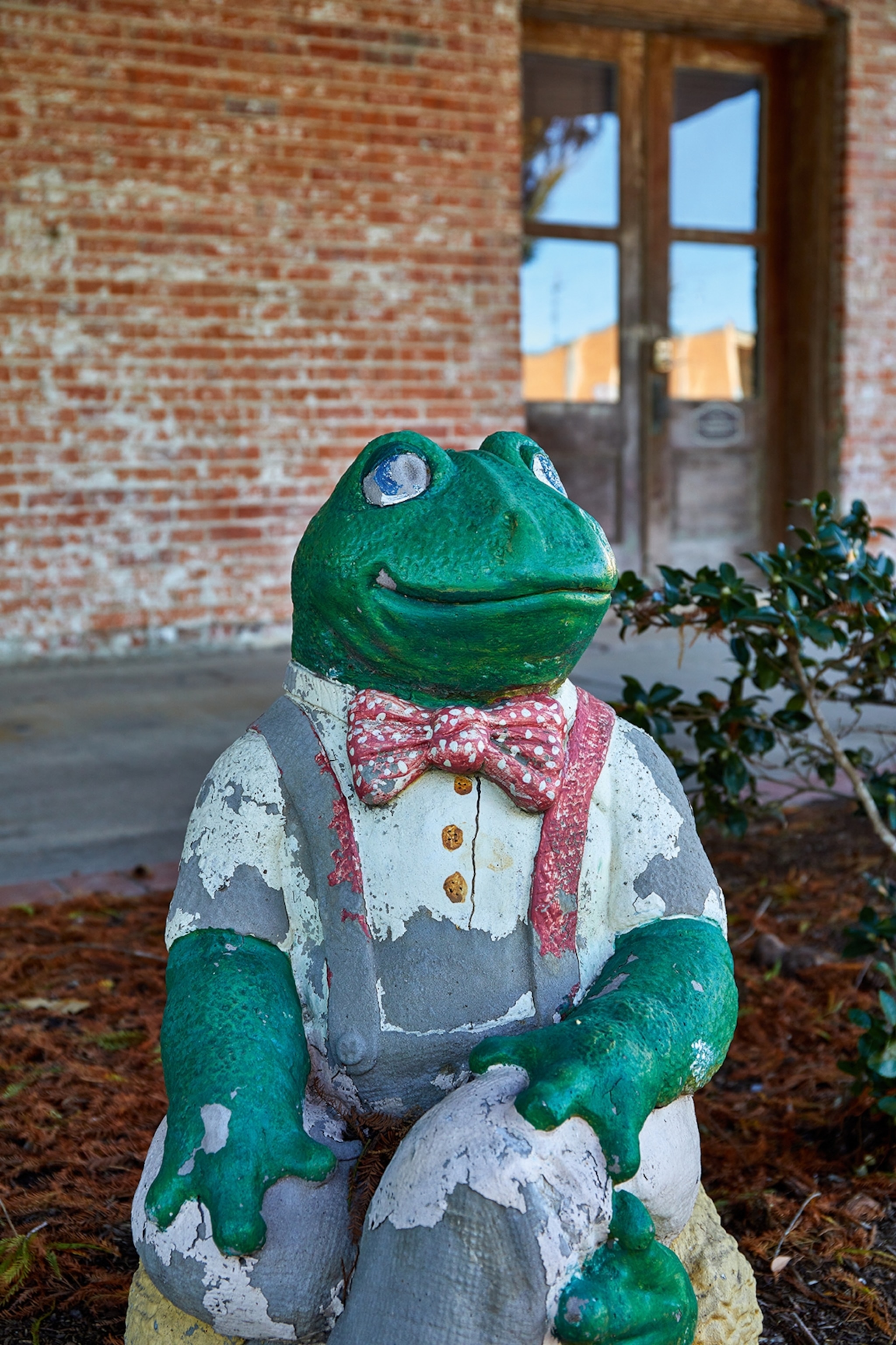 A weathered frog stature sitting on a rock wearing a bowtie and dungarees.