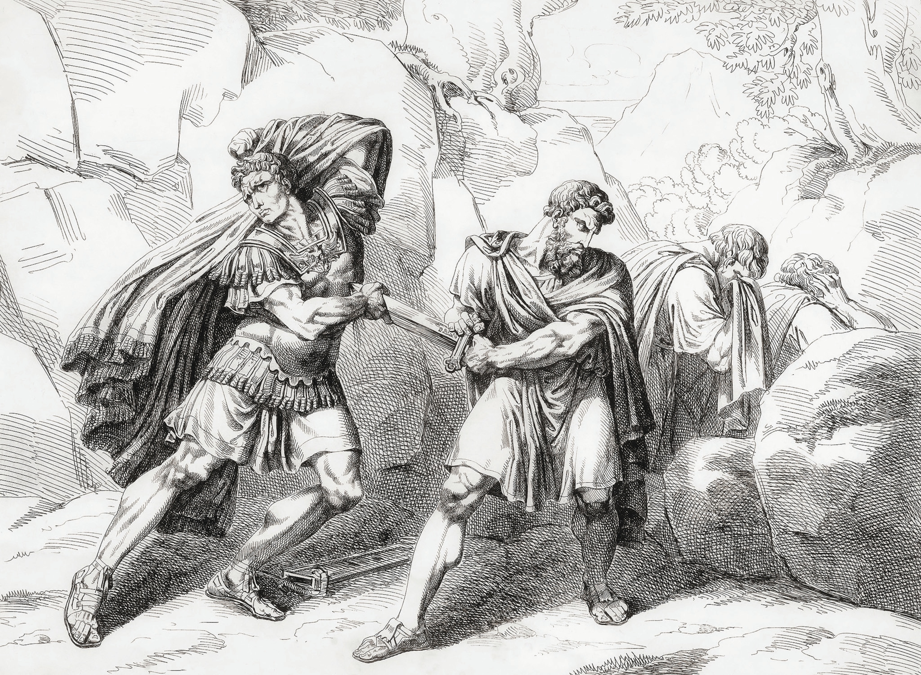 Engraving in which Strato holds the sword on which Brutus falls.