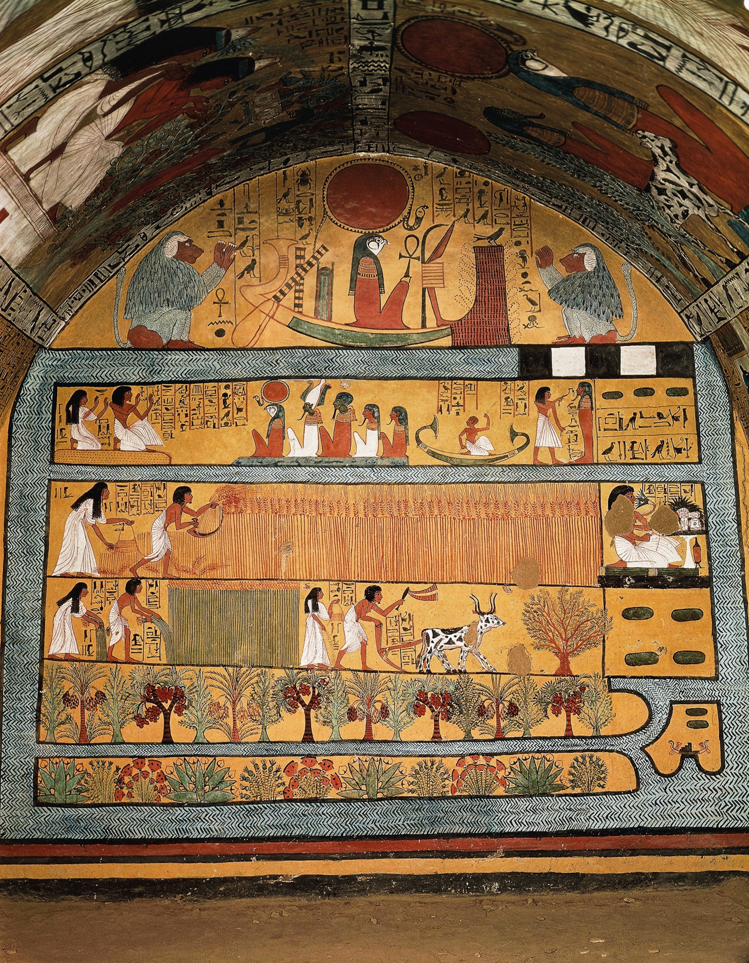A painting from the craftsman Sennedjem’s tomb at Deir el Medina depicts him and his wife farming crops on the riverbanks of the underworld.
