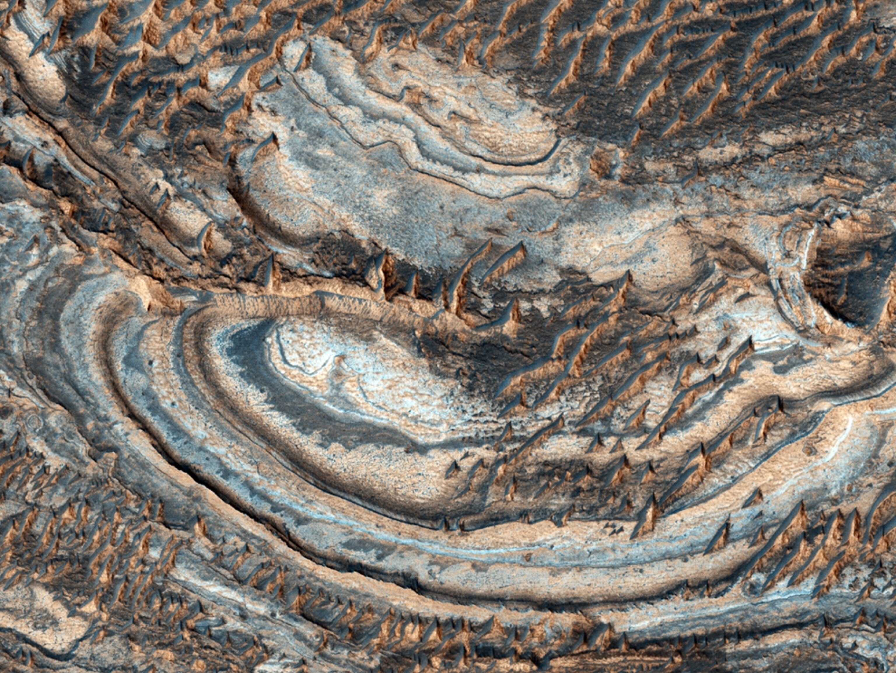 Satellite picture of exotic mineral deposits on Mars