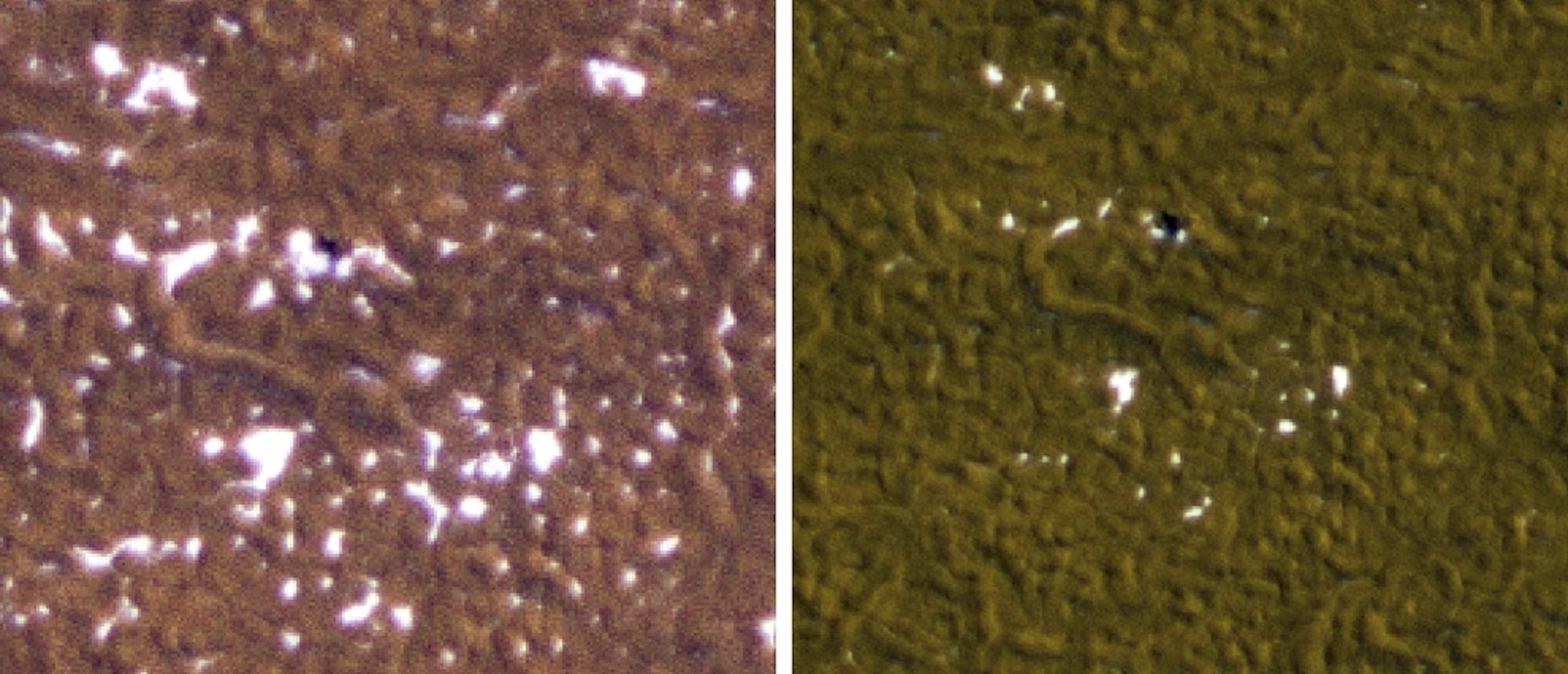 Two pictures show the decrease in surface ice around the Phoenix Mars lander near Mars's north pole.