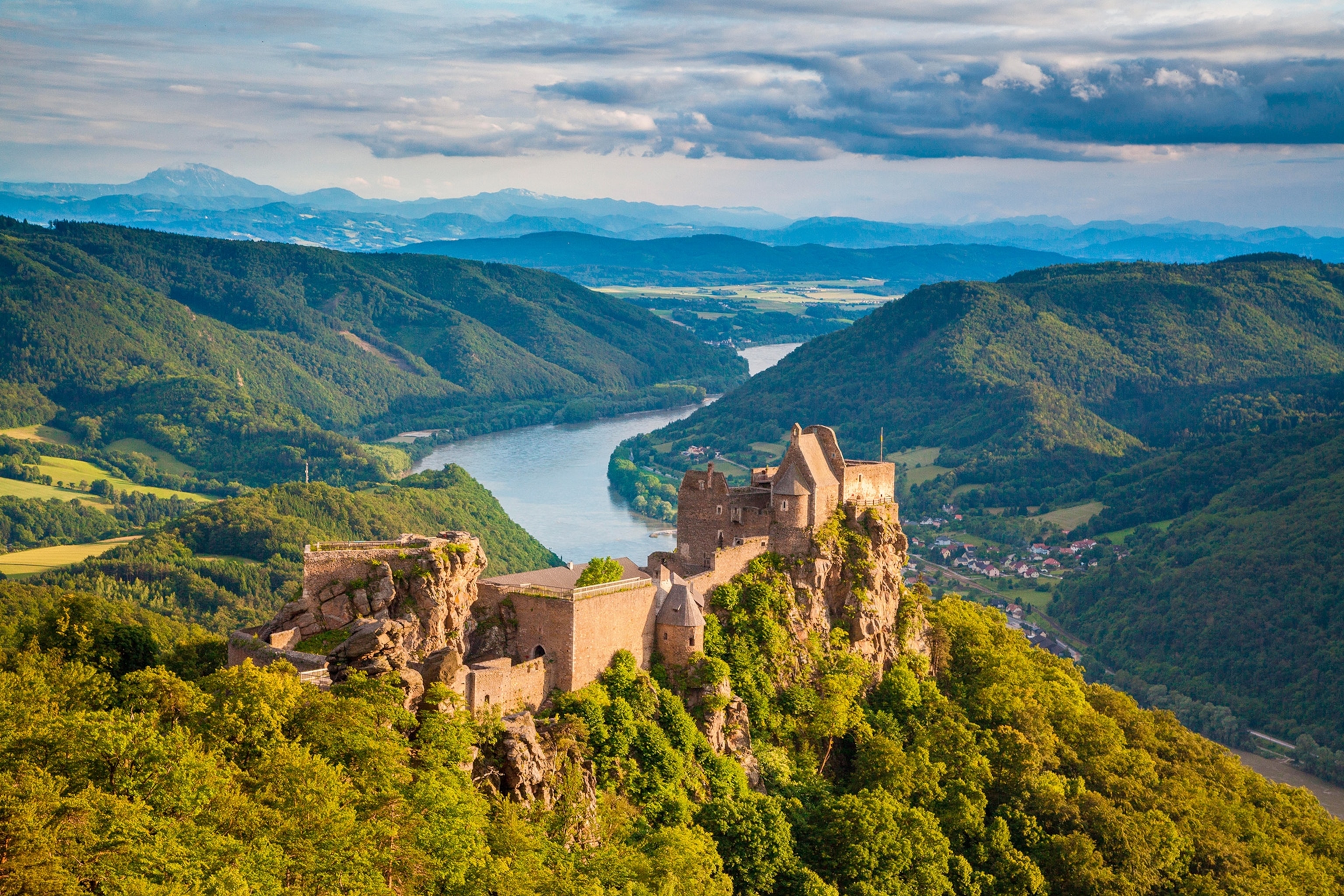 Ruins of Aggstein castle with the Danube in the background in the Wachau Valley in Austria.