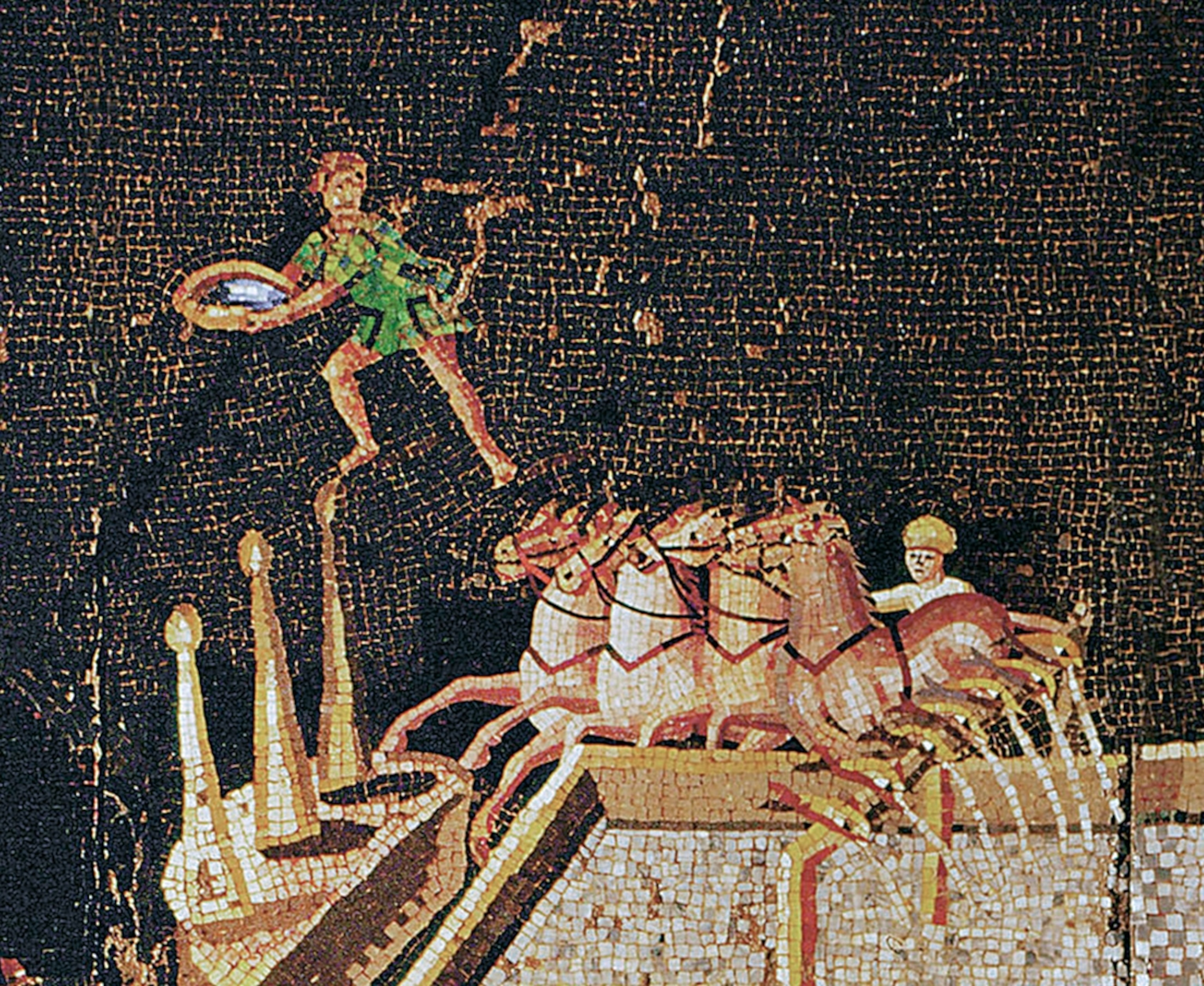 A mosaic of people performing jobs while others race chariots