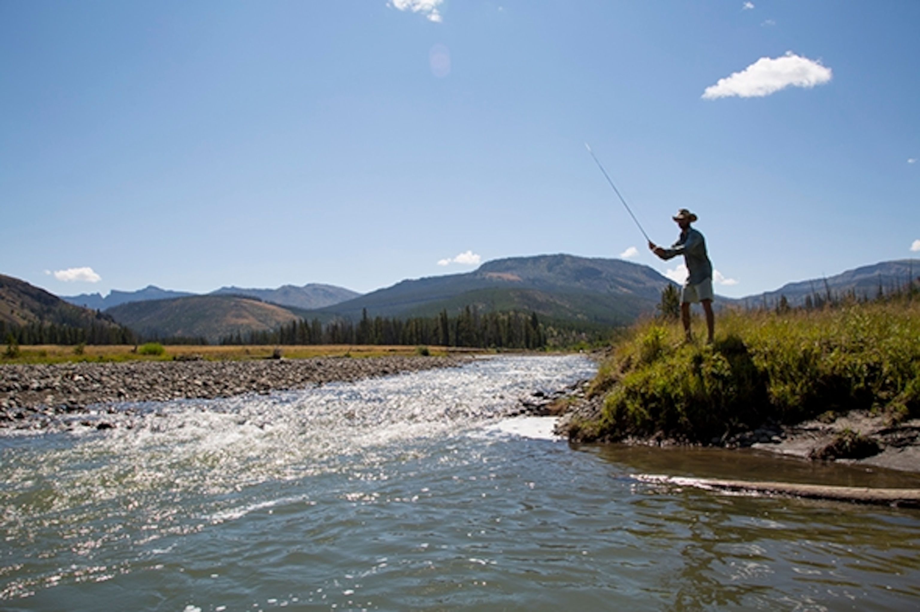 Cinematographer Phill Baribeau had to abandon the camera for a trout hole like this one. We fished hard for introduced Rainbow and Brown trout to add them to our dinners. But unfortunately, or fortunately, all we caught were native Yellowstone Cutthroat which we quickly released; Photograph by Ben Masters