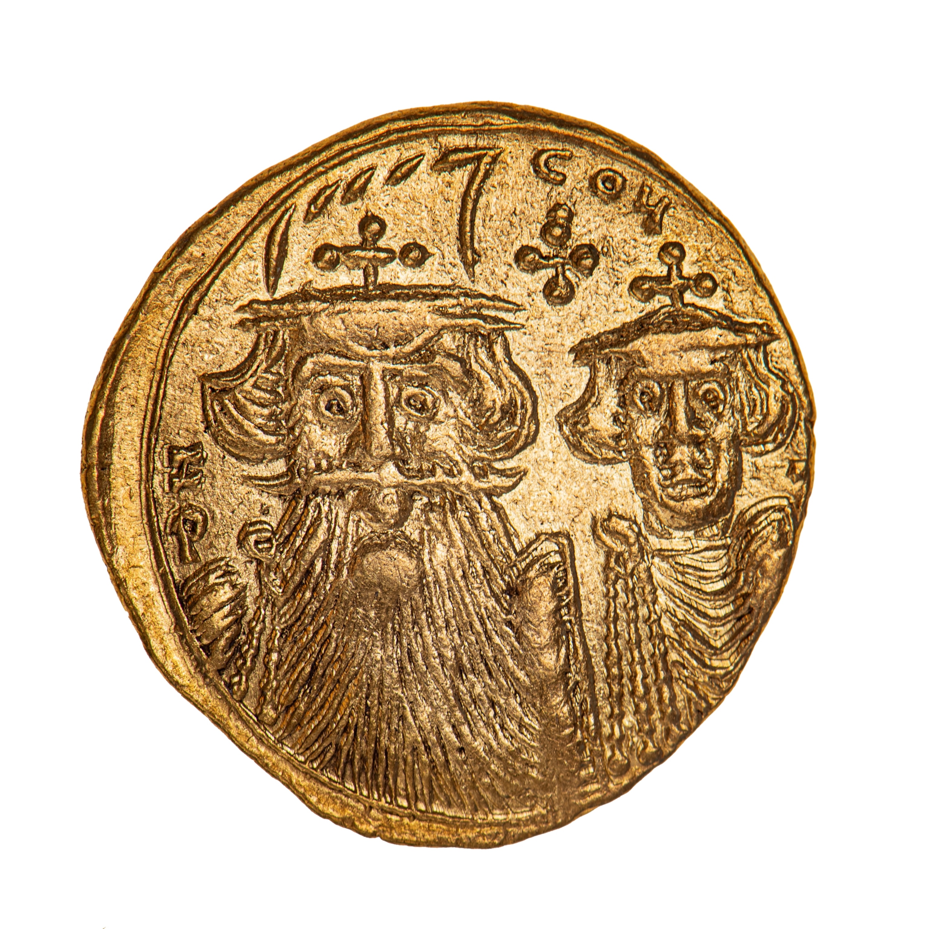 A round, gold coin with a stamped image of two people from the chest up.