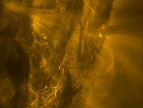 An animated view of a solar flare erupting from the surface of the Sun
