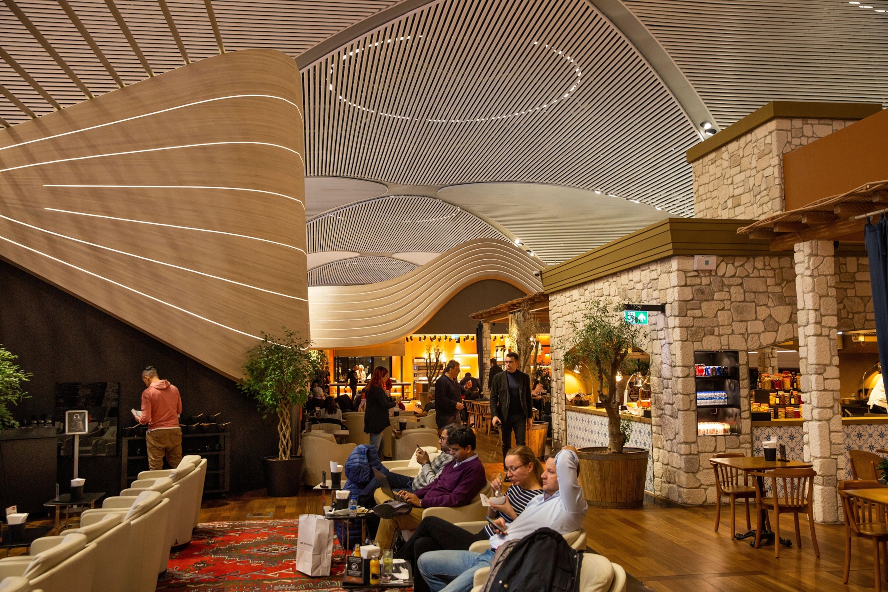 The more than 103,000-square-foot Turkish Airlines Business Class Lounge at Istanbul Airport is designed to accommodate 720 travelers. The lounge also features a tea garden and cooking stations serving Turkish specialties, including manti (dumplings).