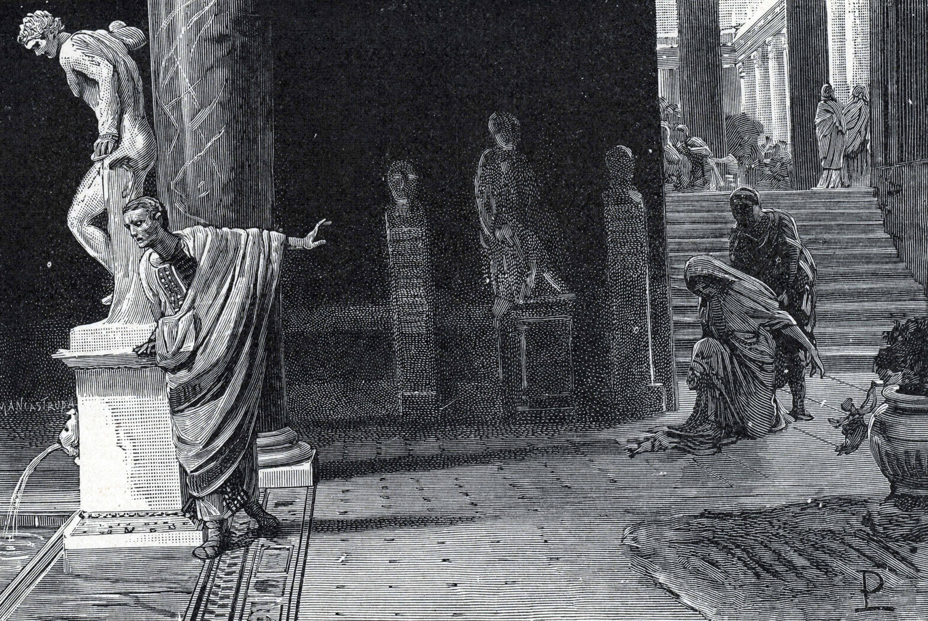 A black and white illustration of a man turning away from from a woman.