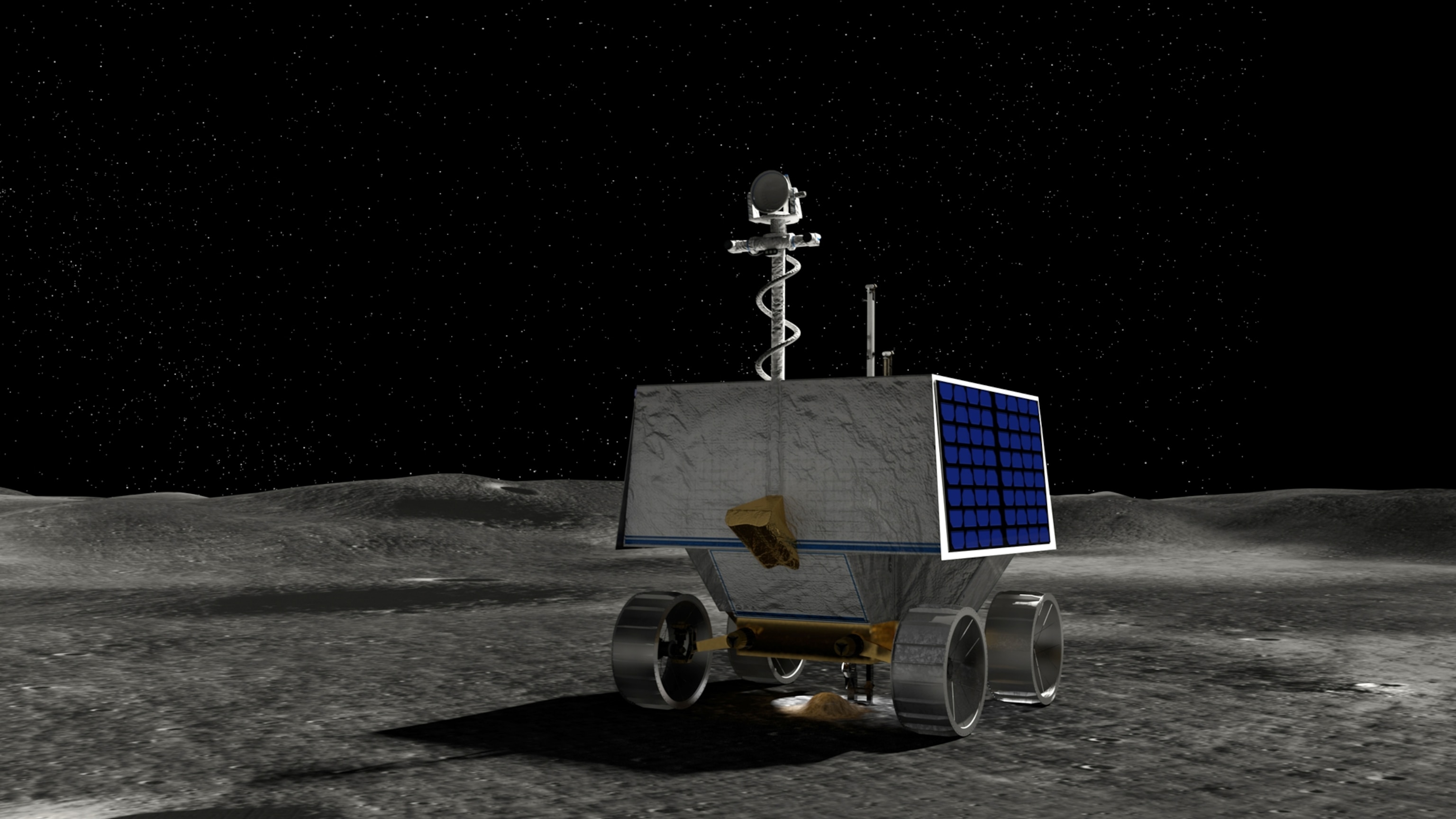A lunar rover with metallic wheels and a boxy body featuring a solar panel stands on the moon's surface under a starry sky