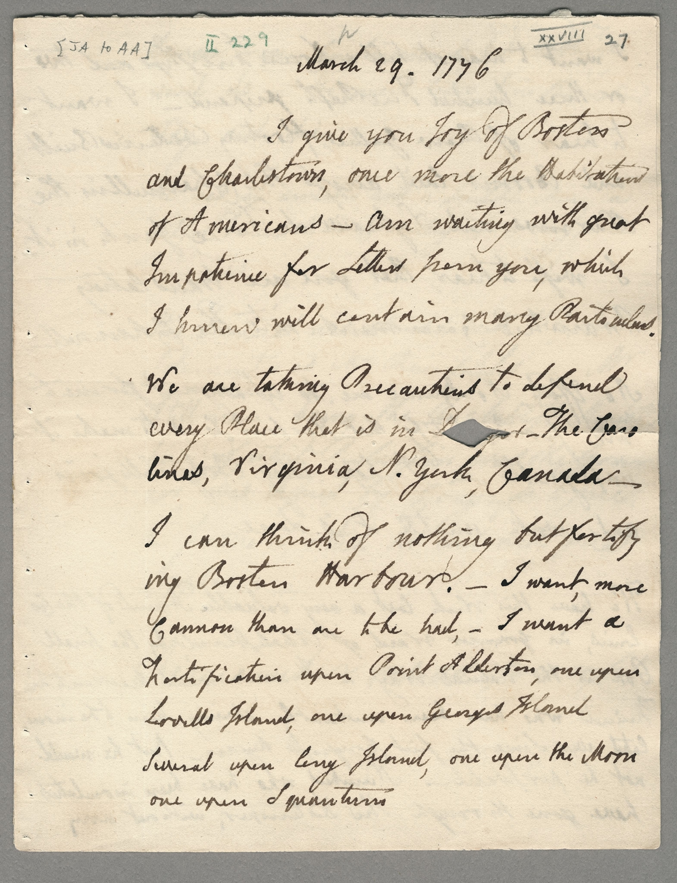 While serving in Congress in March 1776, John Adams wrote this letter (left) to his wife, Abigail Adams, after the British abandoned Boston and Charlestown, making them “once more the Habitations of Americans.”