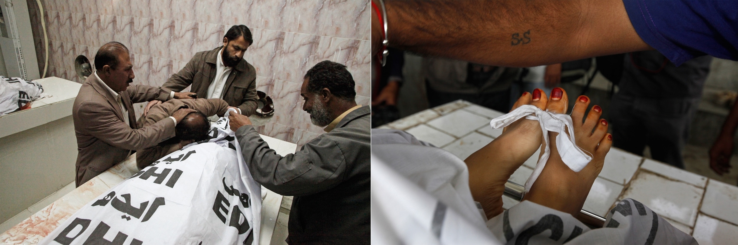 Left photo of men mourning   Right photo of the feet of a dead polio worker