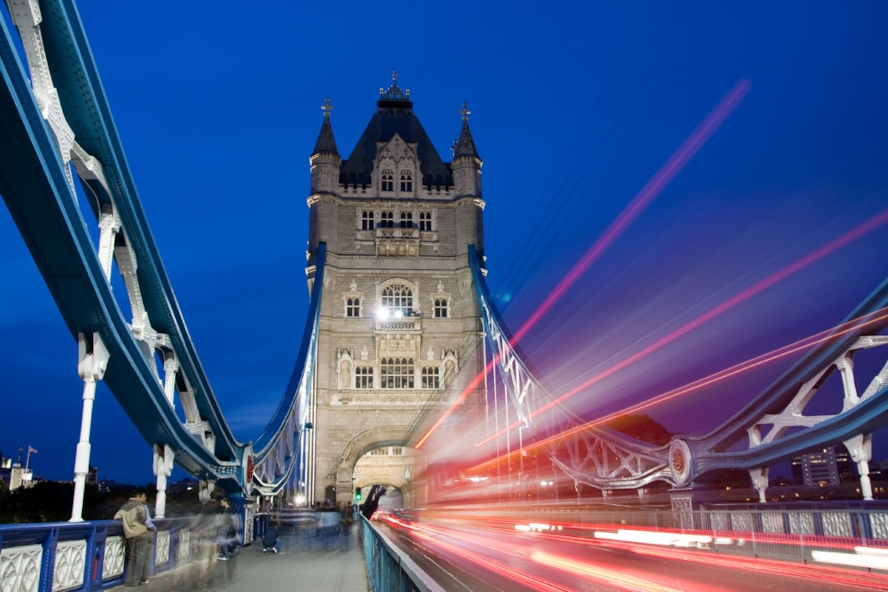 Cars streaking across Tower Bridge in London