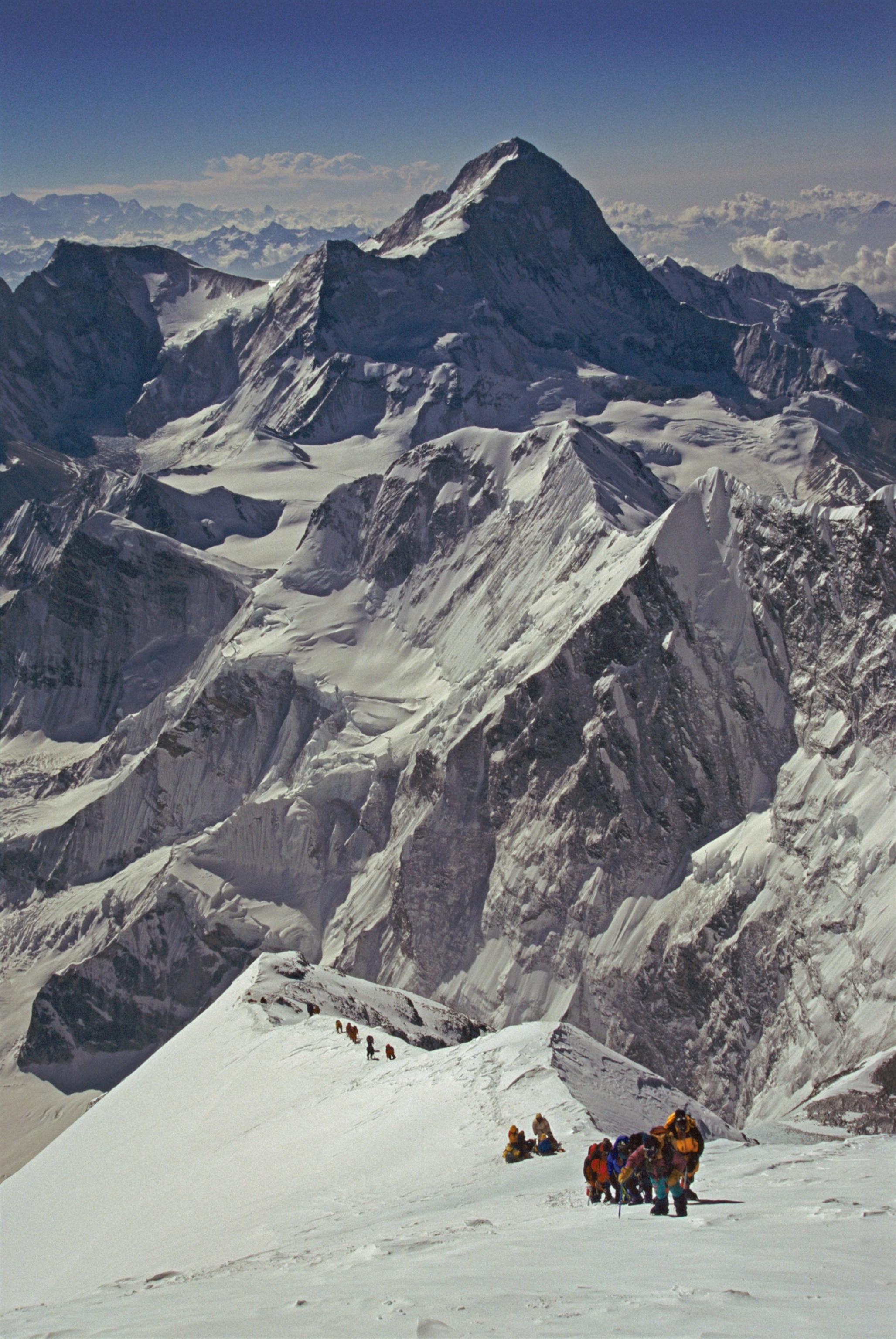 Looking down the Southeast Ridge of Everest from 28,000 feet. May 10, 1996. Makalu in the background.