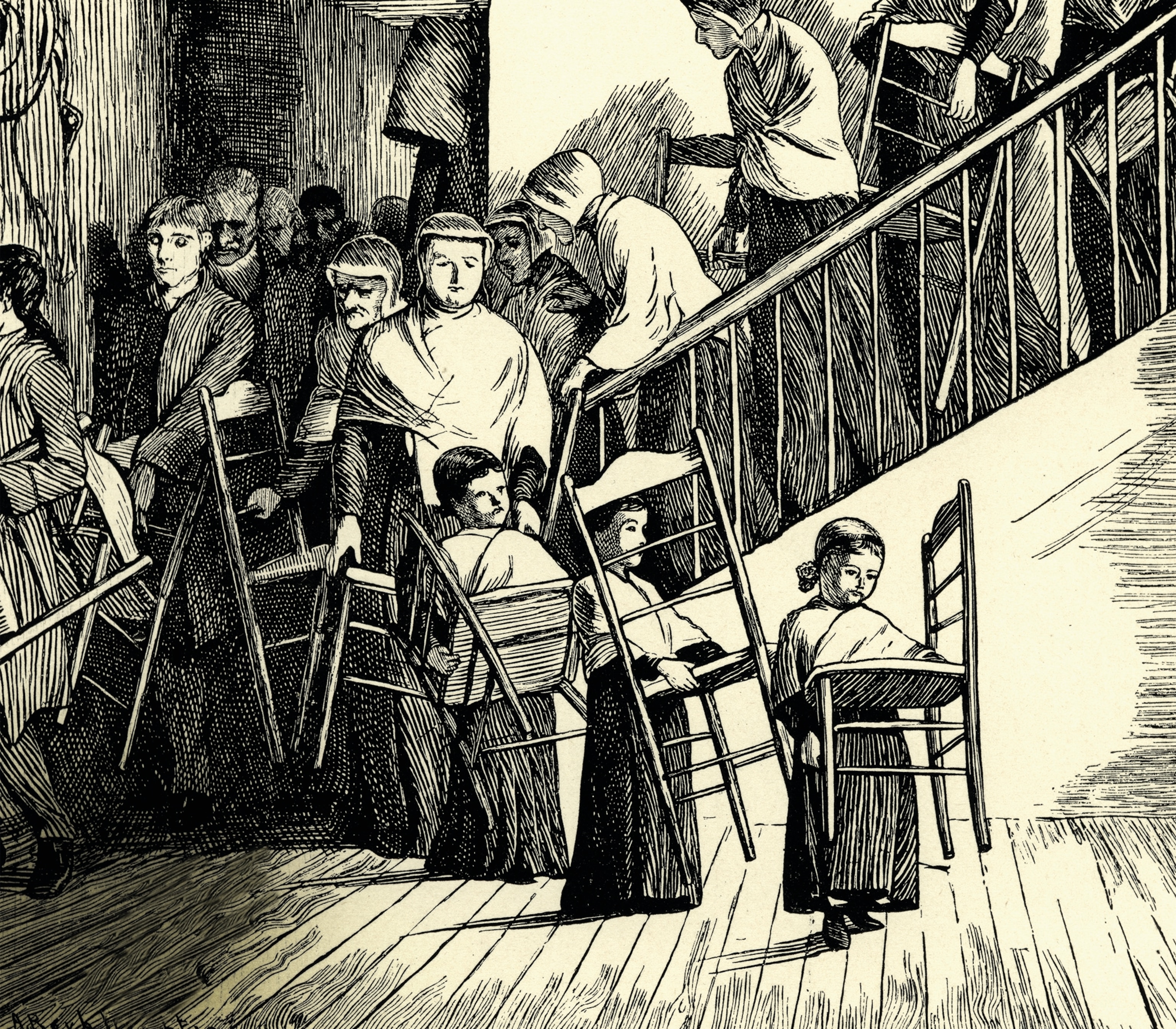 An engraving shows members of a Shaker community gathering for an evening meal.