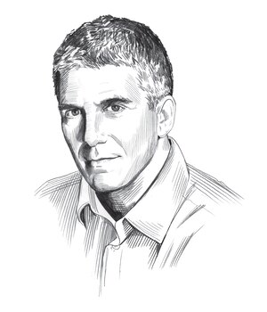 black and white illustration of a man with short hair wearing a collared shirt