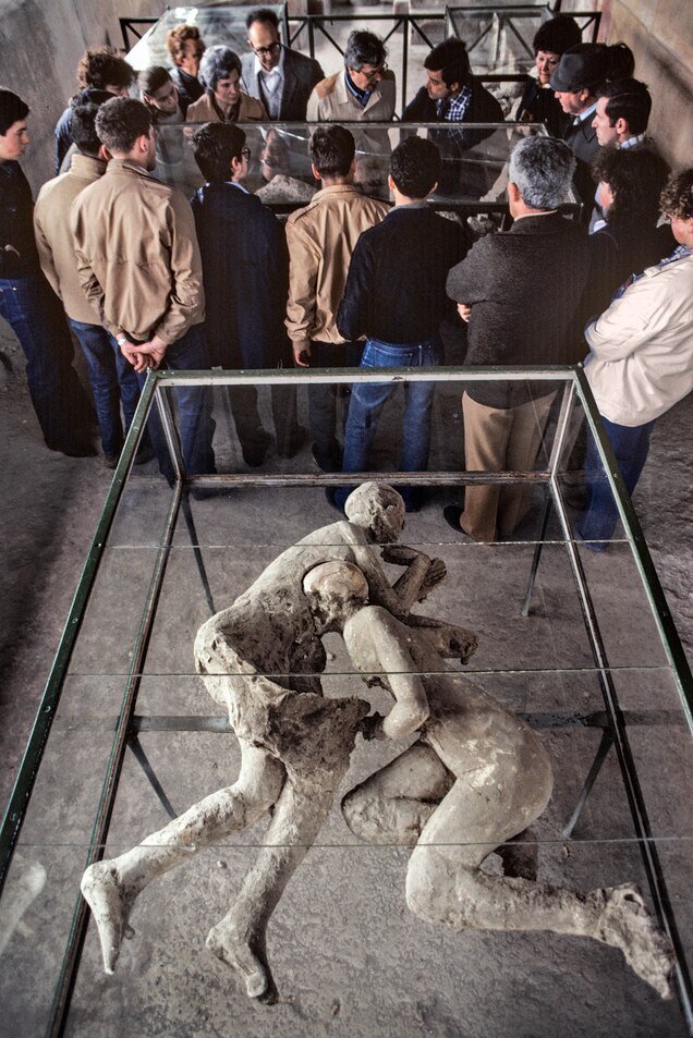 Picture of casts of two human bodies in glass display.