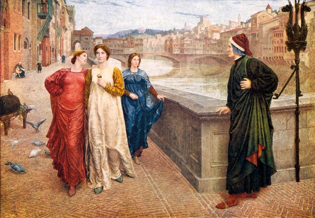 The second encounter between Dante and Beatrice is depicted by Pre-Raphaelite artist Henry Holiday in 1883.