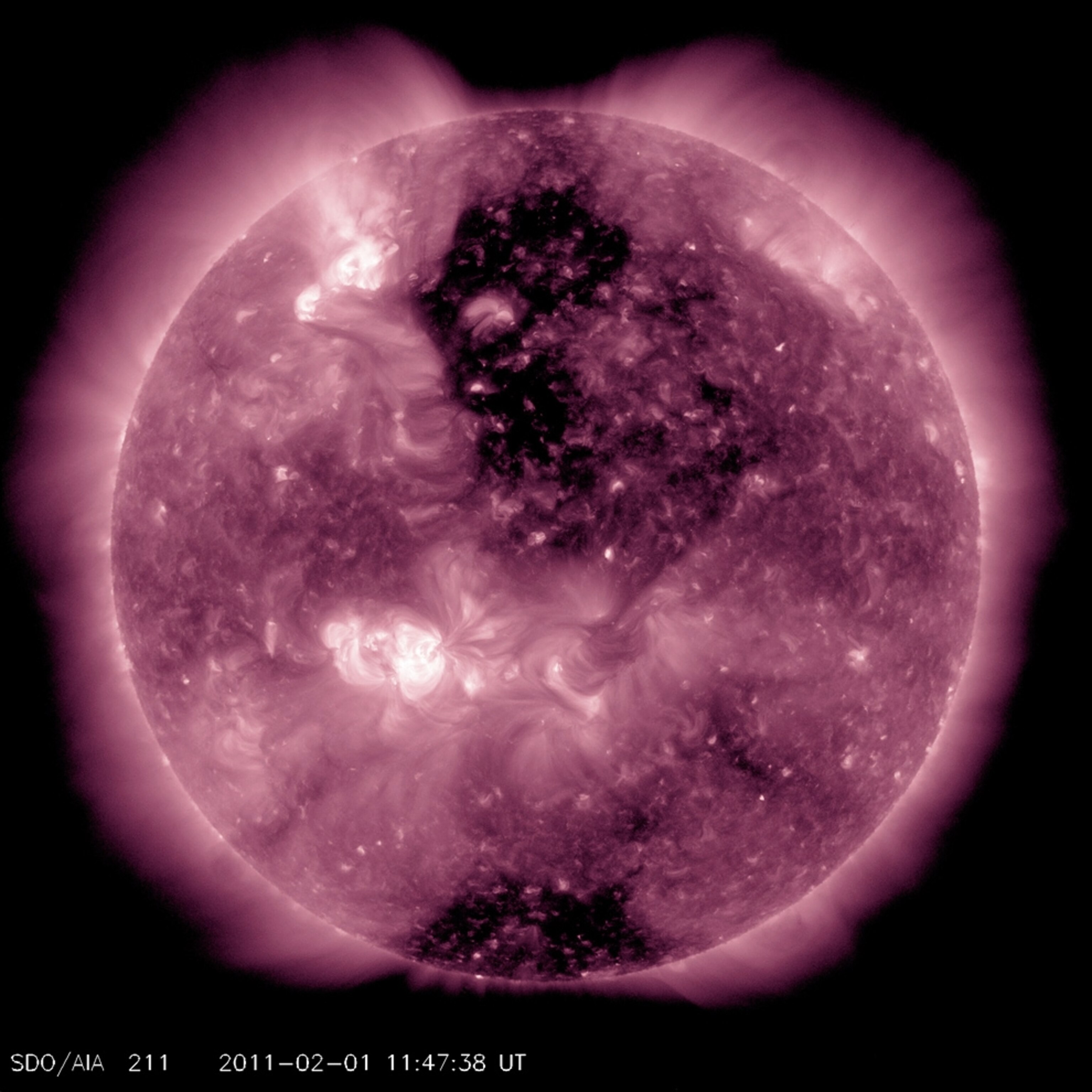 Sun picture: sun showing a large, dark coronal hole aimed at Earth.