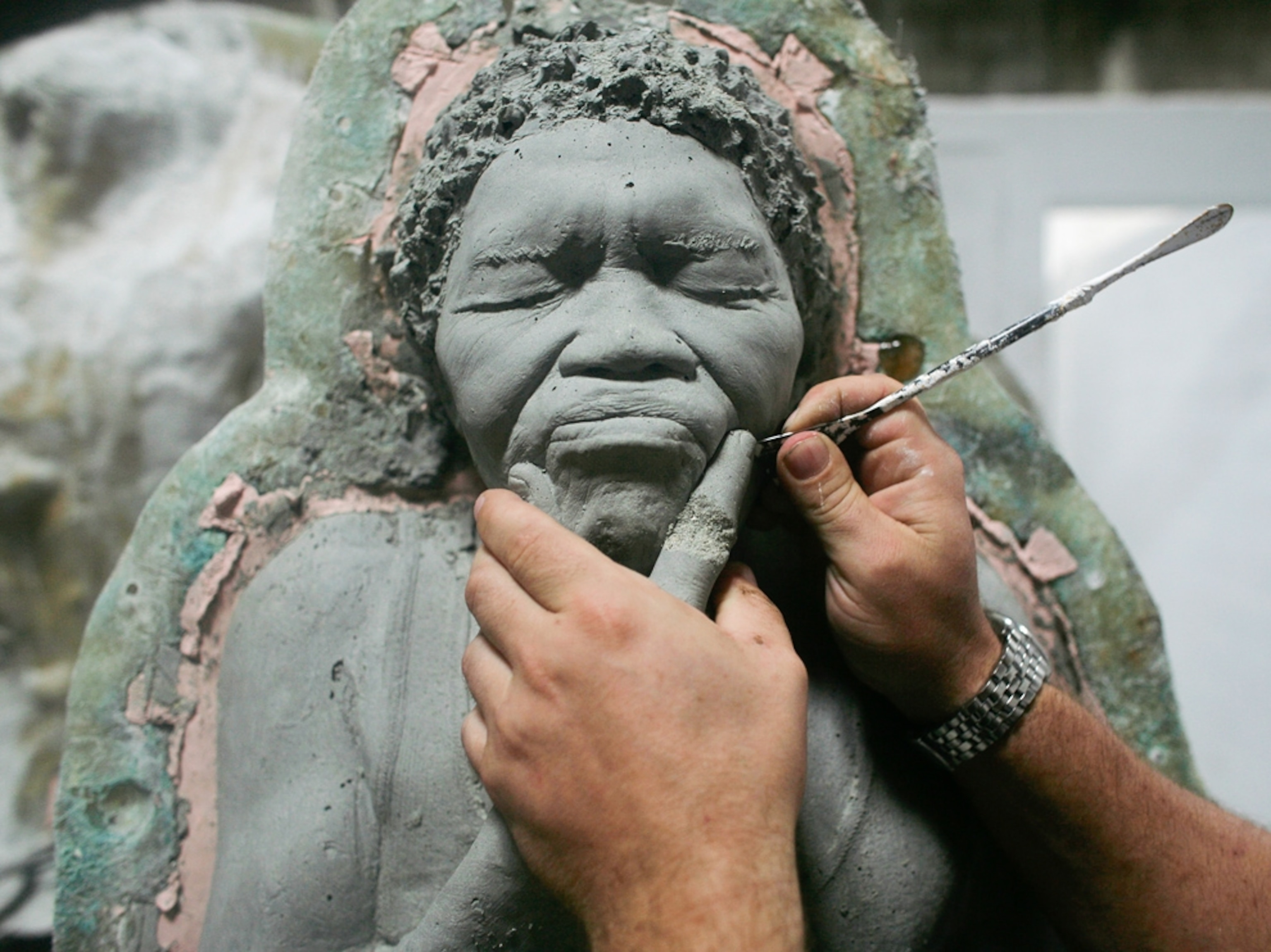 Sculpture in progress -- picture from photo gallery on "The Silent Evolution" Caribbean underwater sculpture park off Cancun, Mexico