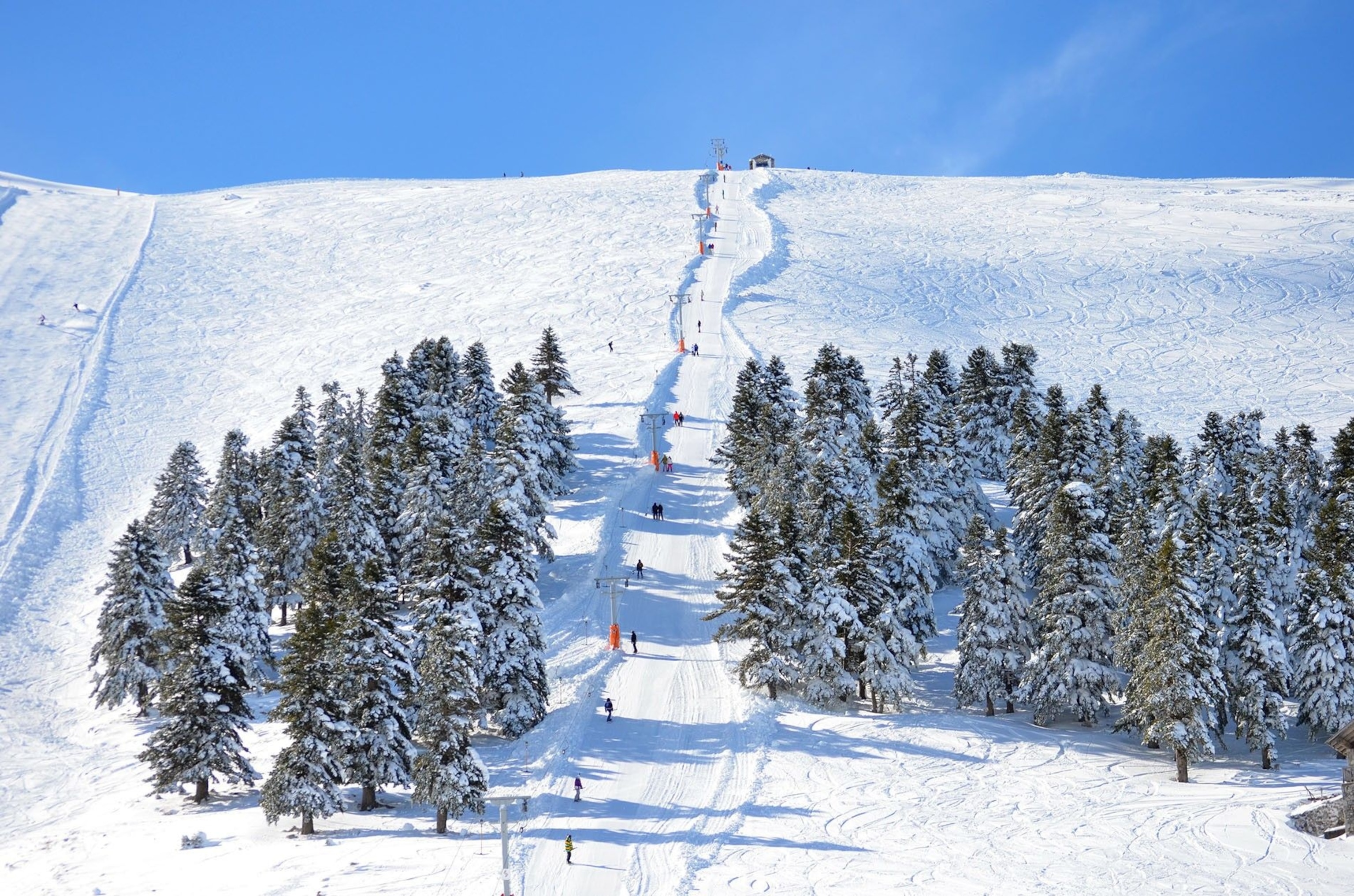 Skiers head up a button lift.