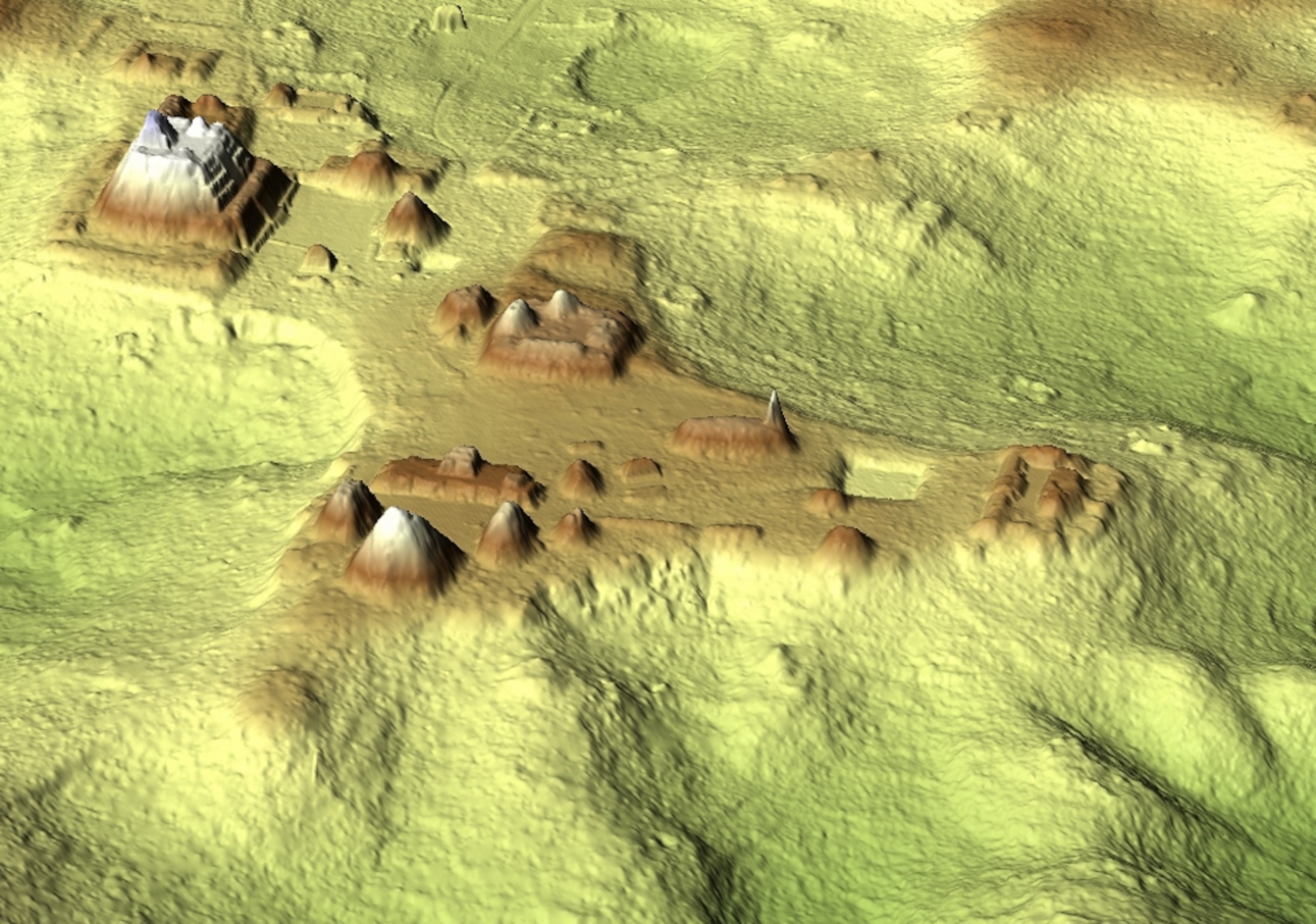 An aerial 3-D picture of Caracol's biggest temples and palaces.