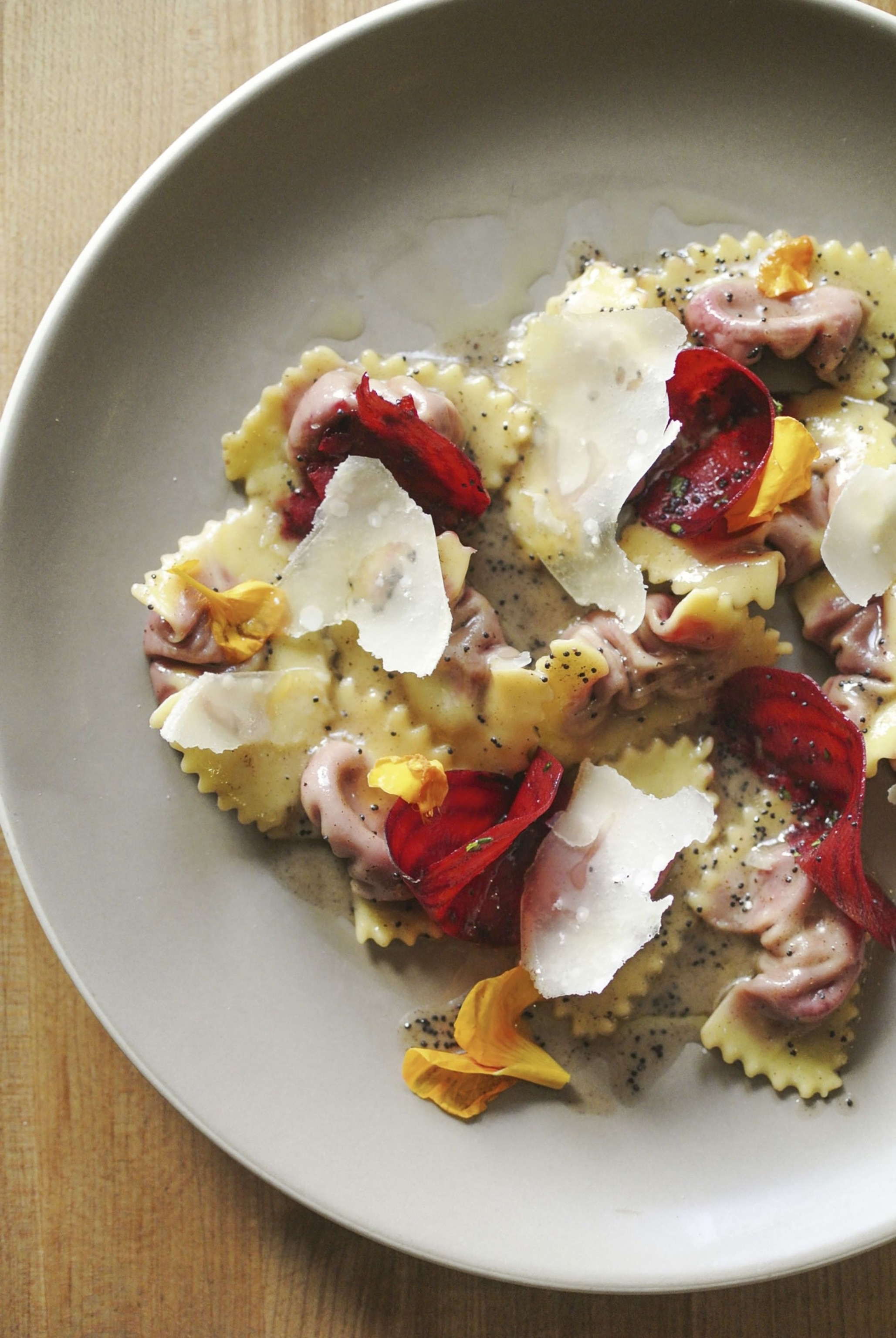 A colourful plate of beet casonsei at Flour + Water.