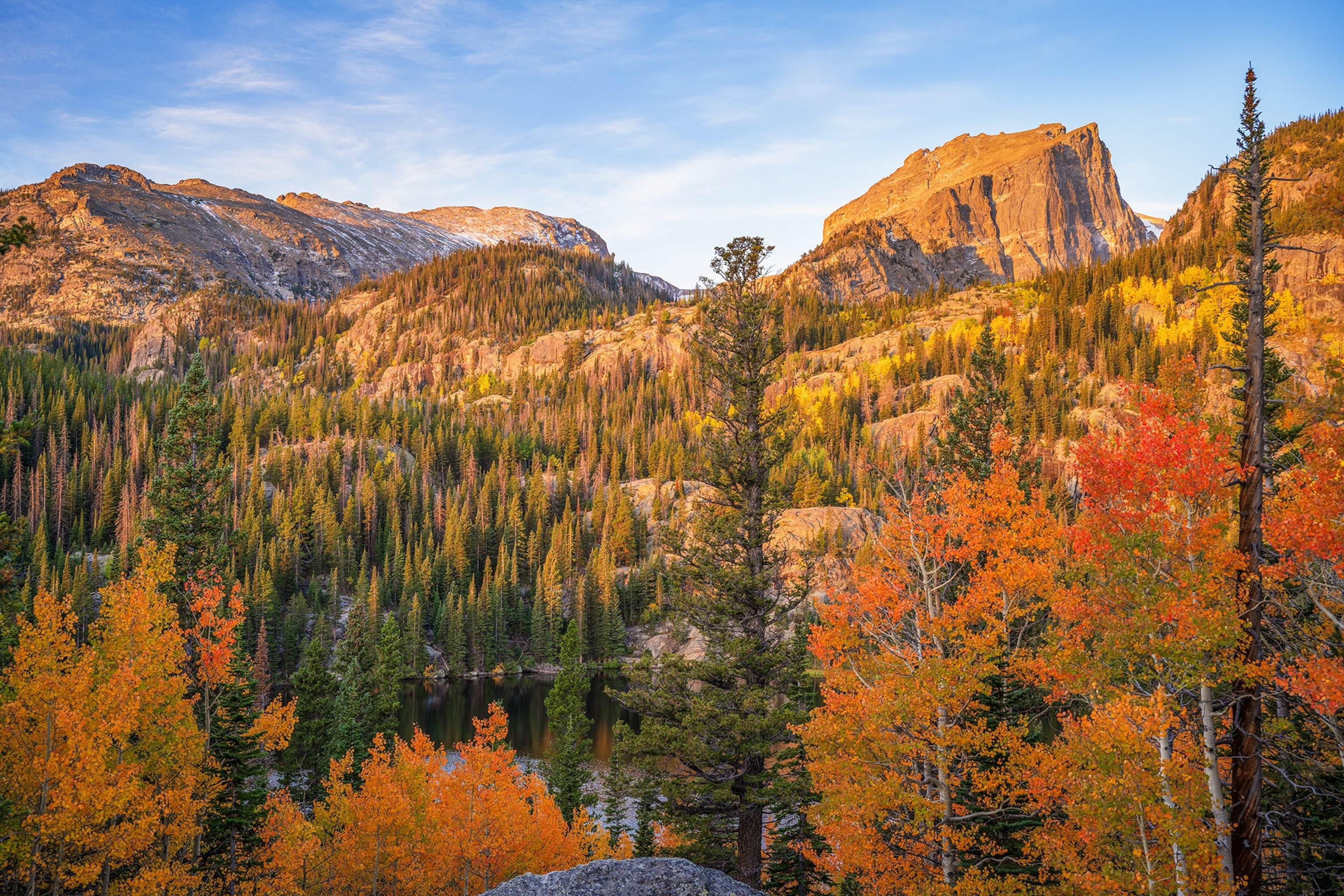 Fall just above Bear Lake on the east side of RMNP. Hallett Peak catches the first light of the day on this September day.