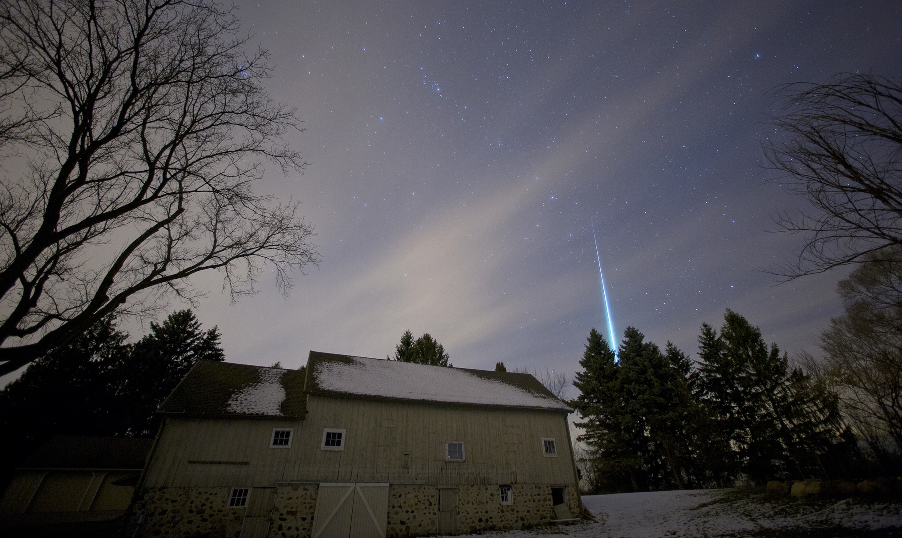 Geminid meteor shower over a barn, Saukville, Wisconsin