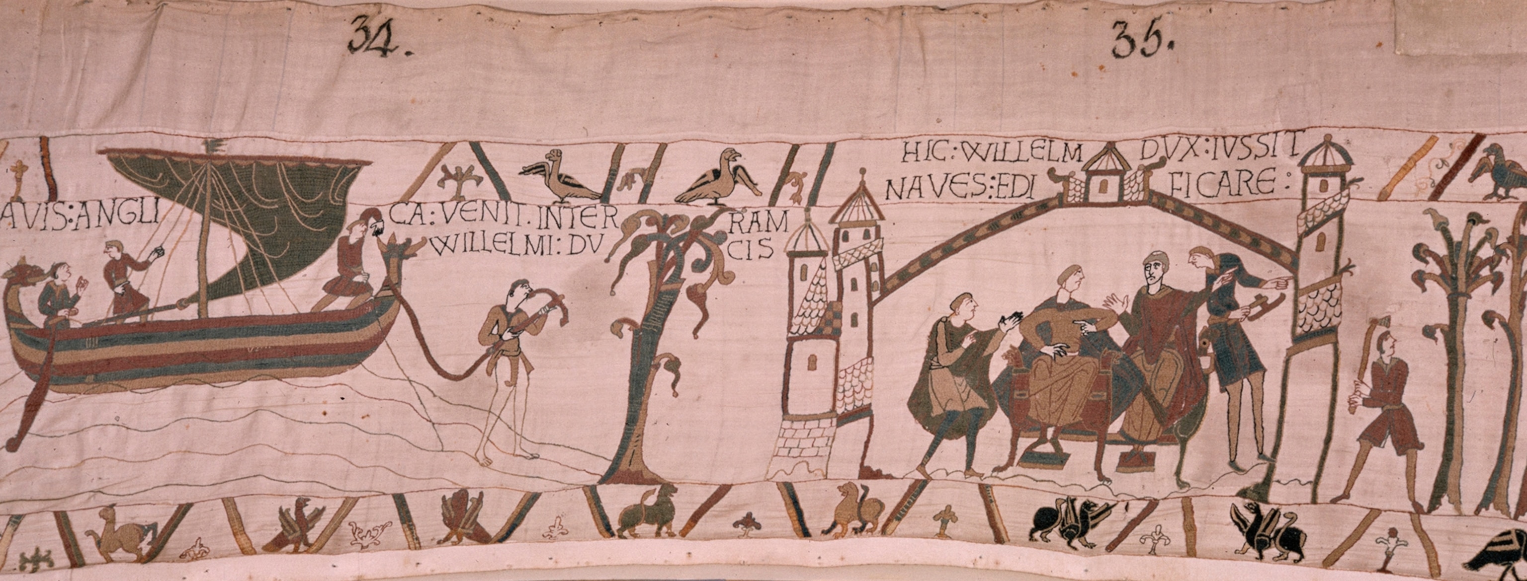 Scene from tapestry in which William plots to wrest crown from king.