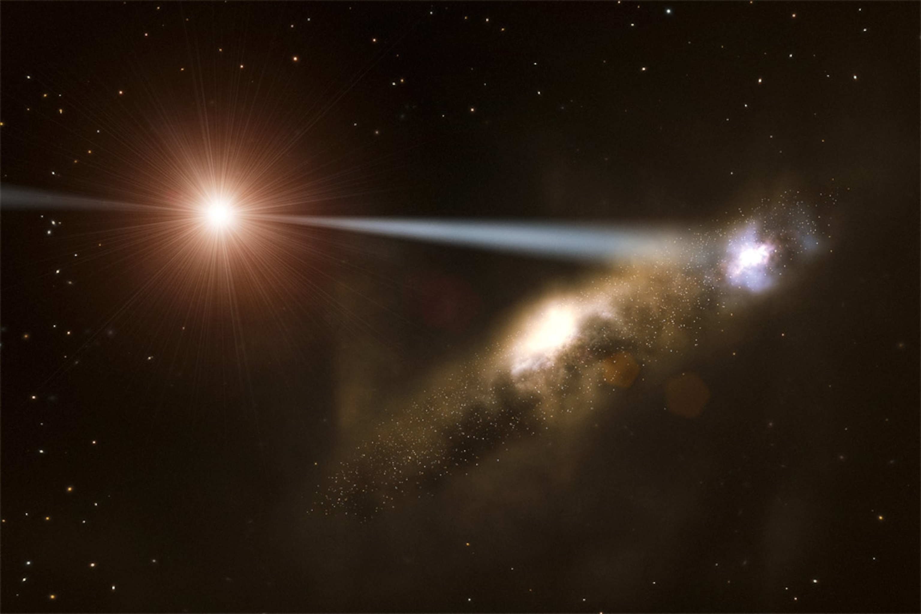 A jet of high-energy particles shooting from a black hole (left) ignites stars in a nearby galaxy in an artist's rendering