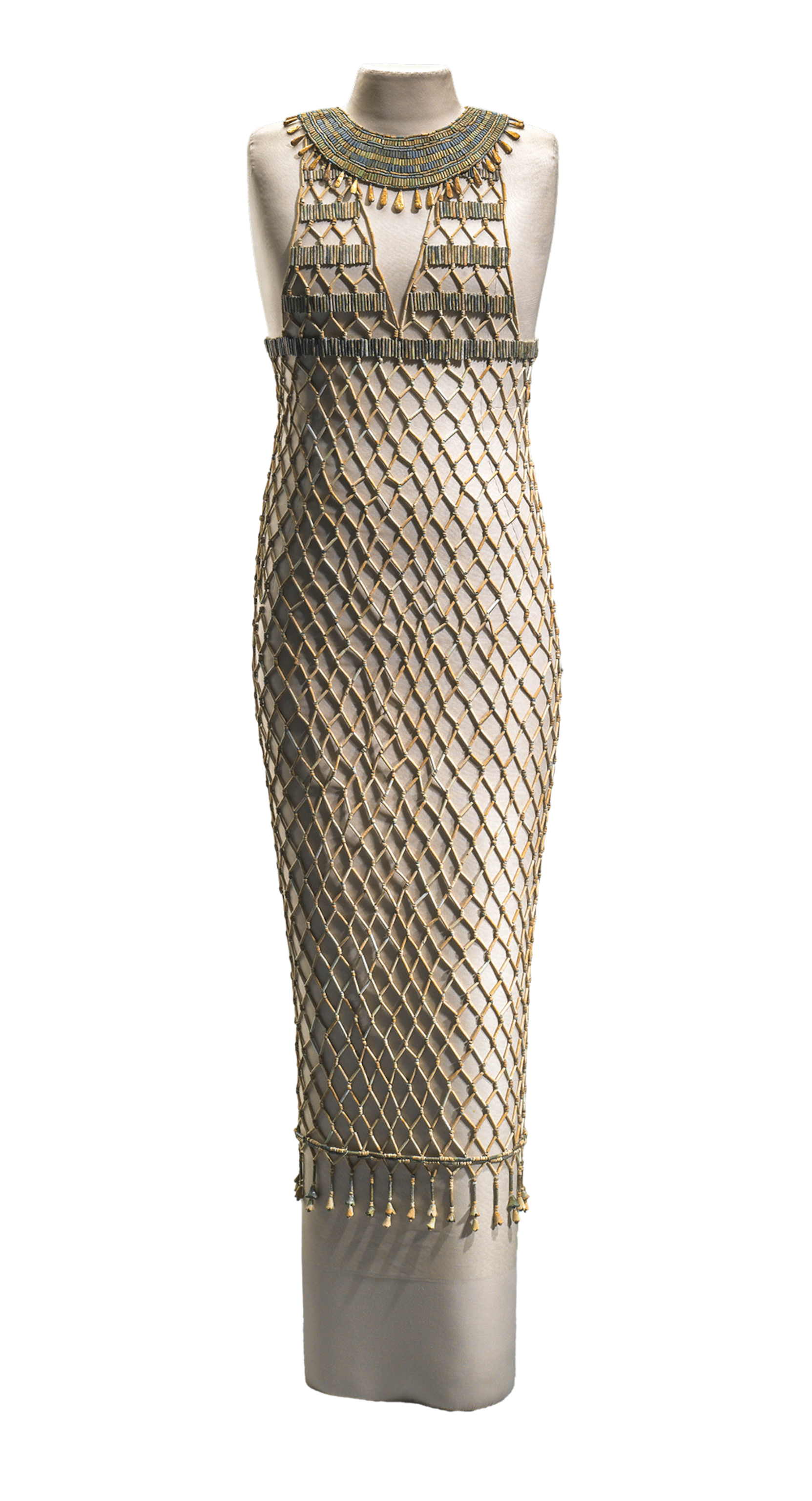 The reconstructed net dress of blue and green faience beads.