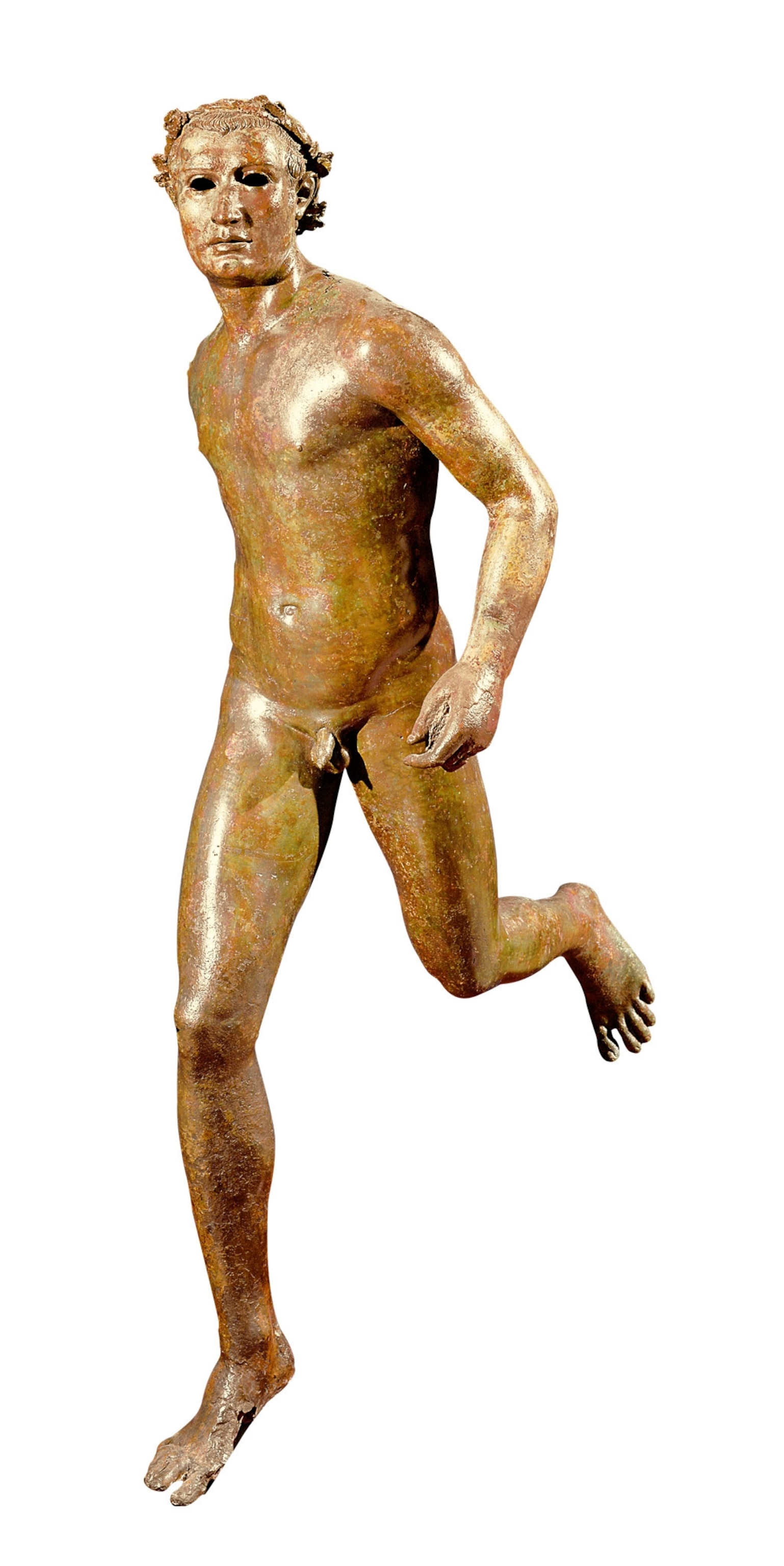 statue of a naked man running with a garland on his head