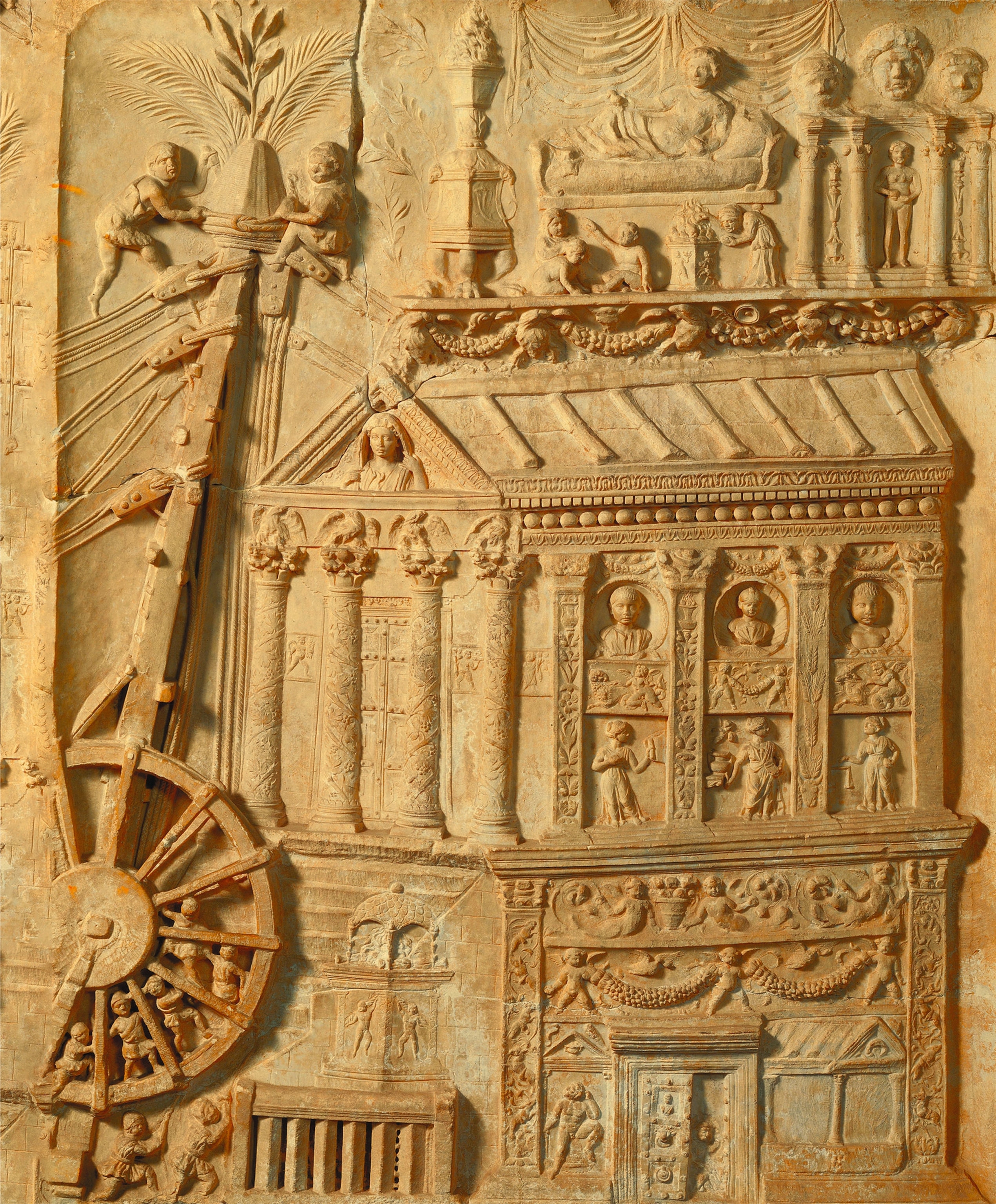 A second-century A.D. relief on the mausoleum of the Haterii, a family of builders in Rome, is pictured featuring a crane powered by a waterwheel.