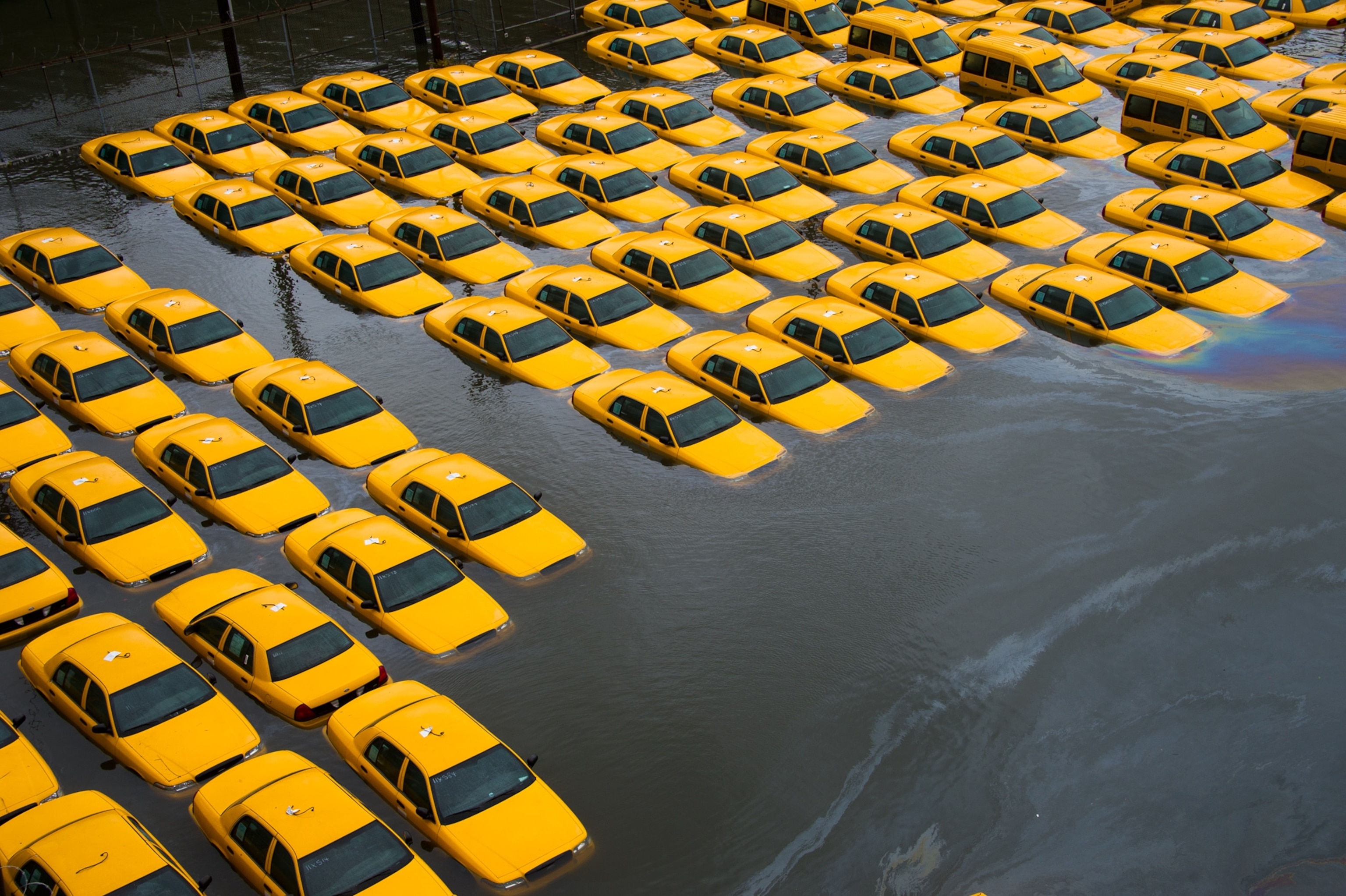 a parking lot full of flooded yellow cabs