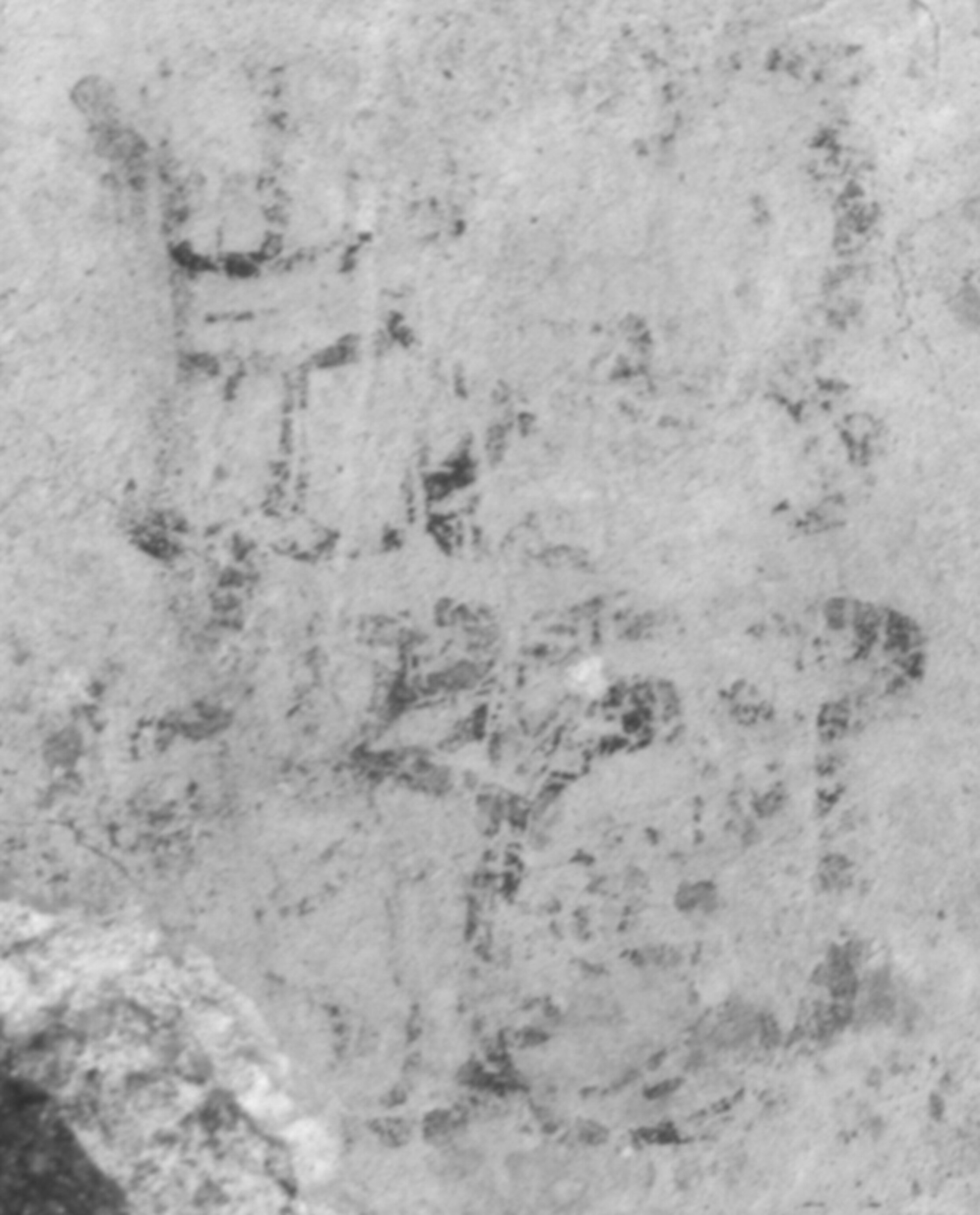 Faded black writing on a gray stone wall, with indistinct lines and scribbles