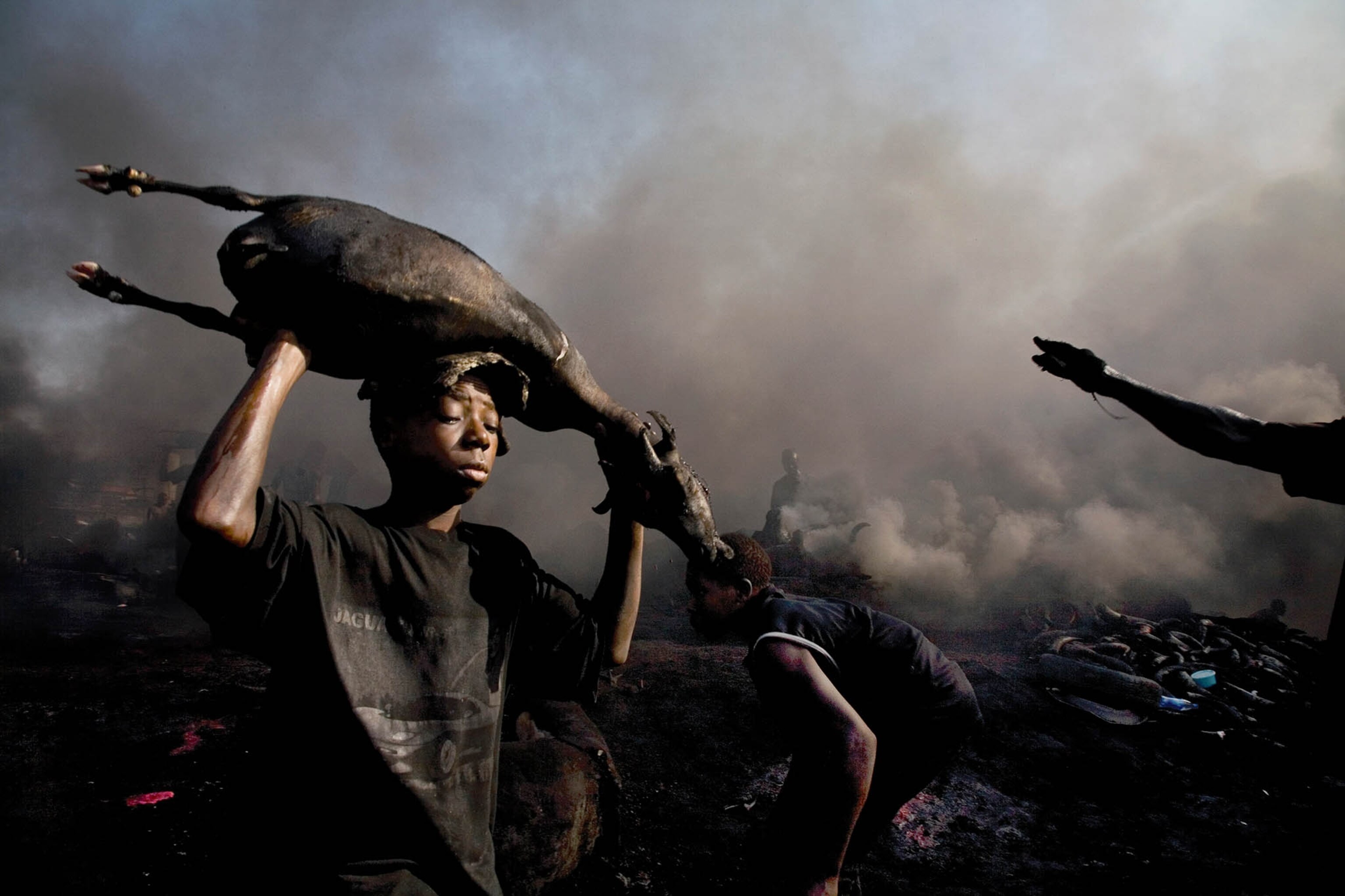 a boy carrying a charred goat